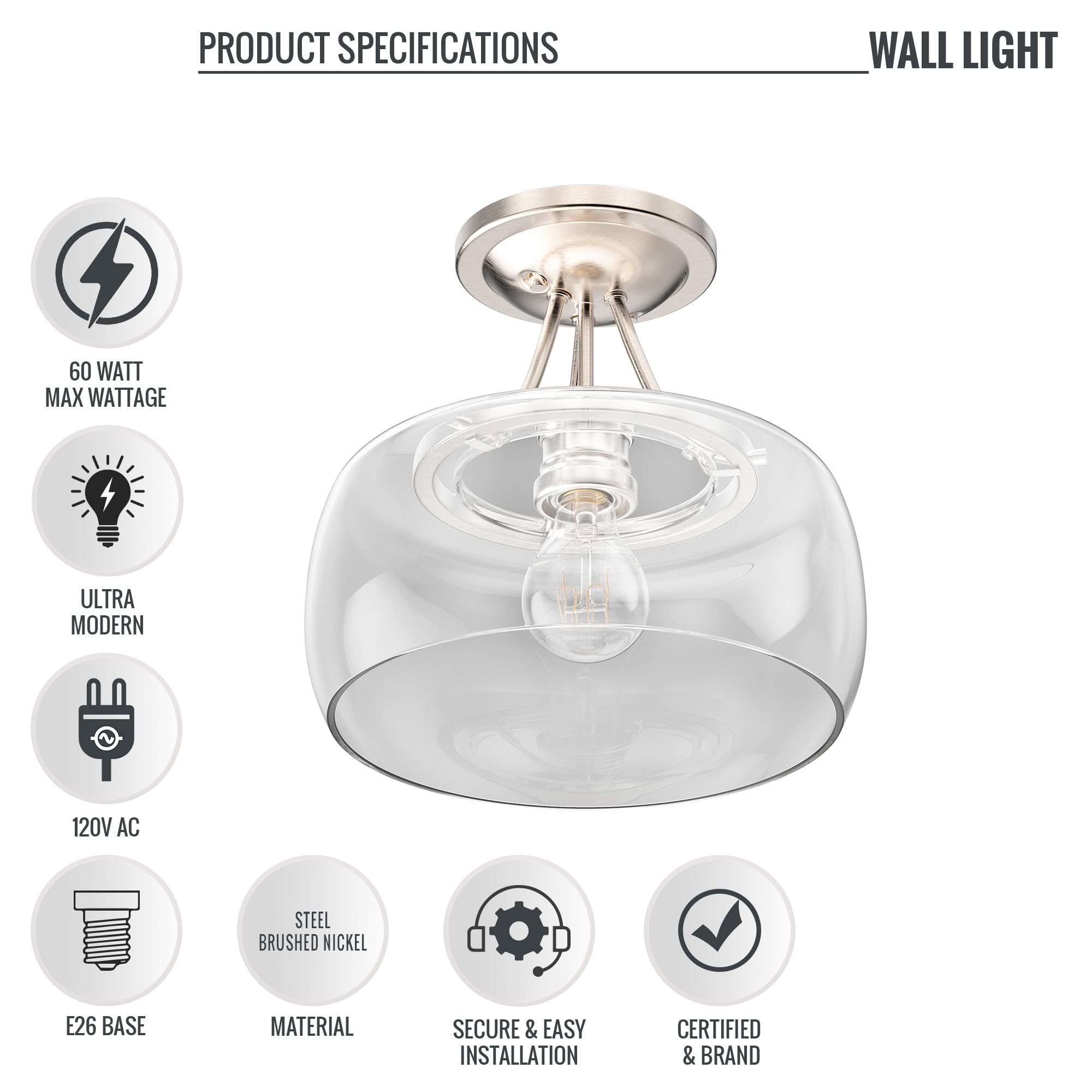 LEDMyplace 1-Light Semi Flush Mount Ceiling Light Fixture - Farmhouse Style with Clear Glass Shade & Brushed Nickel Finish - E26 Base (Bulb Not Included) - Perfect for Kitchen, Bedroom, Living Room, and Hallway Lighting