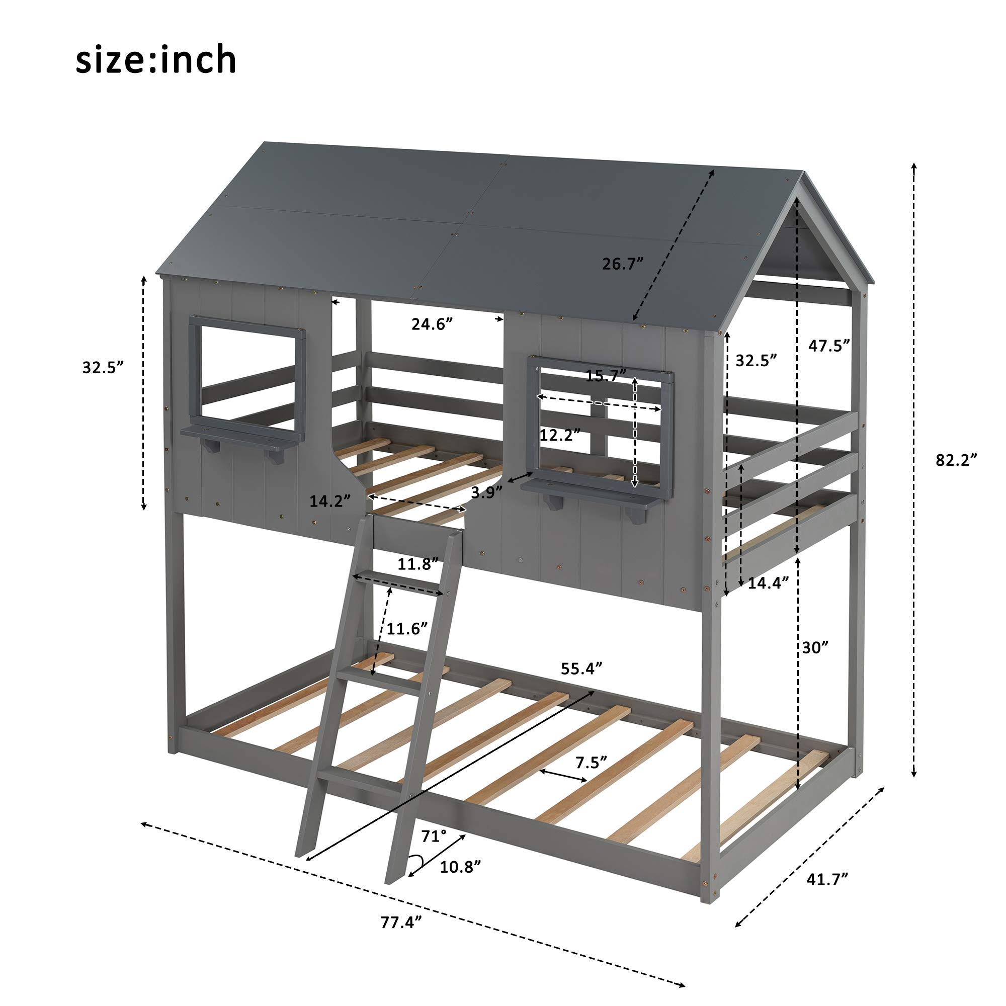 Twin Over Twin Wooden Bunk Bed with Roof, Window, Guardrail & Ladder - Space-Saving Kids Bedroom Furniture for Boys, Girls, Teens - Perfect for Small Rooms, Shared Bedrooms & Sleepovers (Gray)