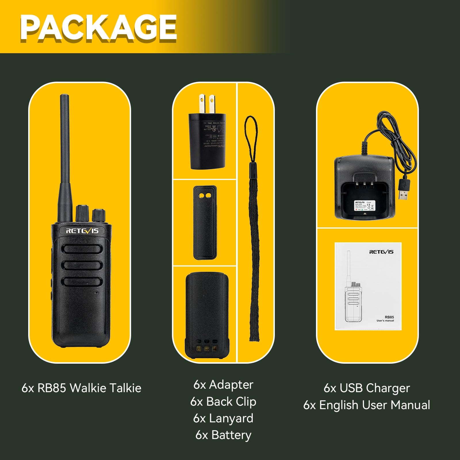 Retevis RB85 Long Range Two-Way Radios with Noise Cancellation - 16 Channels, 2000mAh Rechargeable Battery, High Power Walkie Talkies for Adults (6 Pack) - Ideal for Commercial Use, School Security, Construction Sites, and Outdoor Adventures