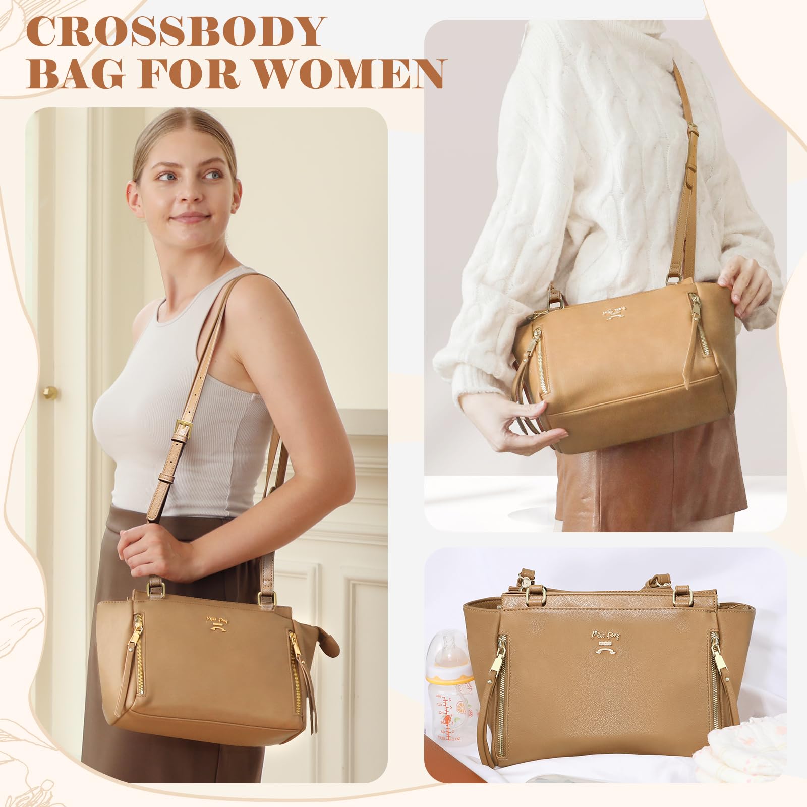 Miss Fong Stylish Crossbody Diaper Bag with 6 Pockets - Compact Baby Essentials Organizer for Moms on the Go | Perfect for Shopping, Travel & Daily Outings with Baby
