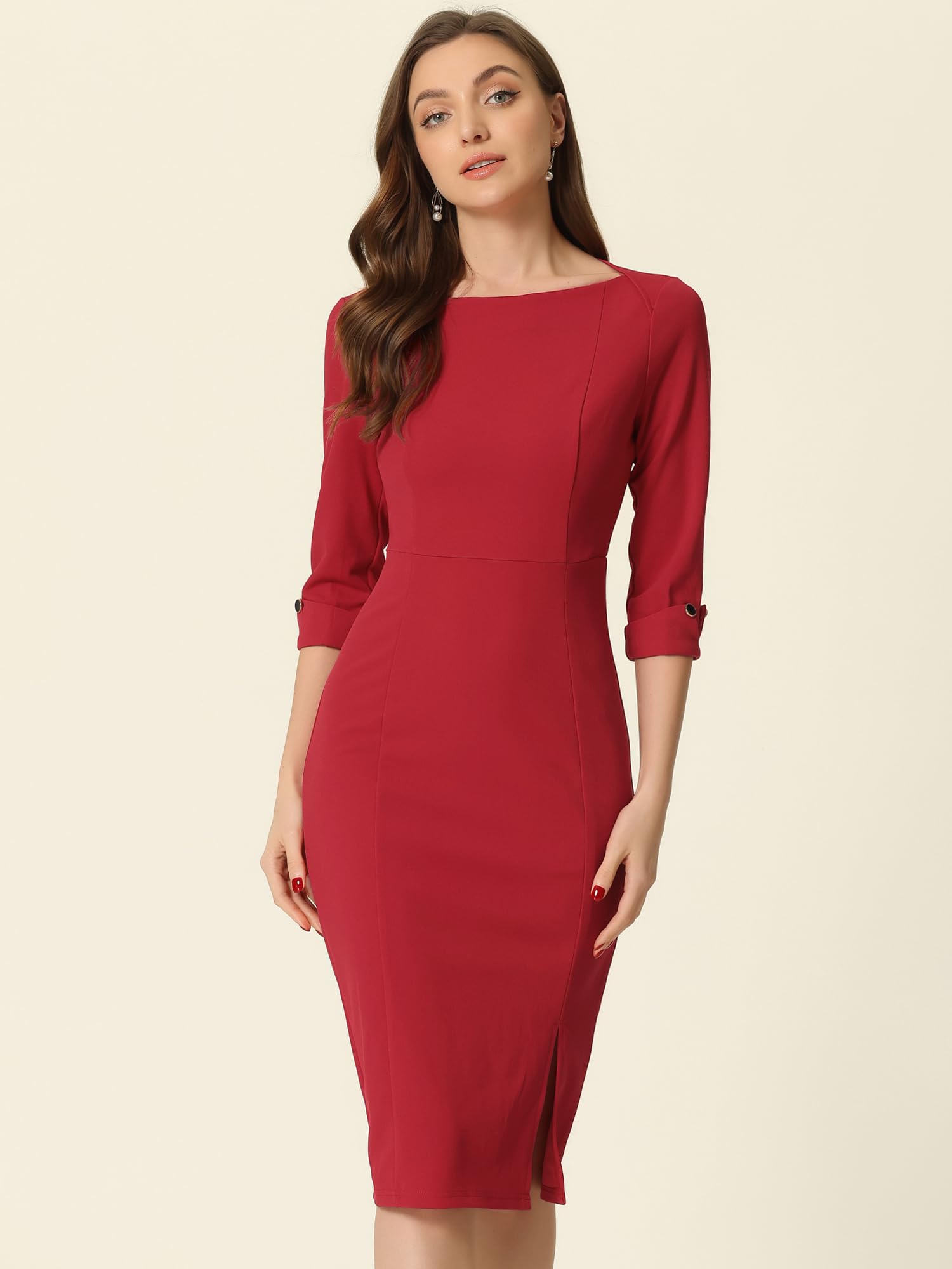 Allegra K Women's Elegant Boat Neck 3/4 Sleeve Split Sheath Dress for Work | Office Wear, Business Casual, Cocktail Party & Special Occasions