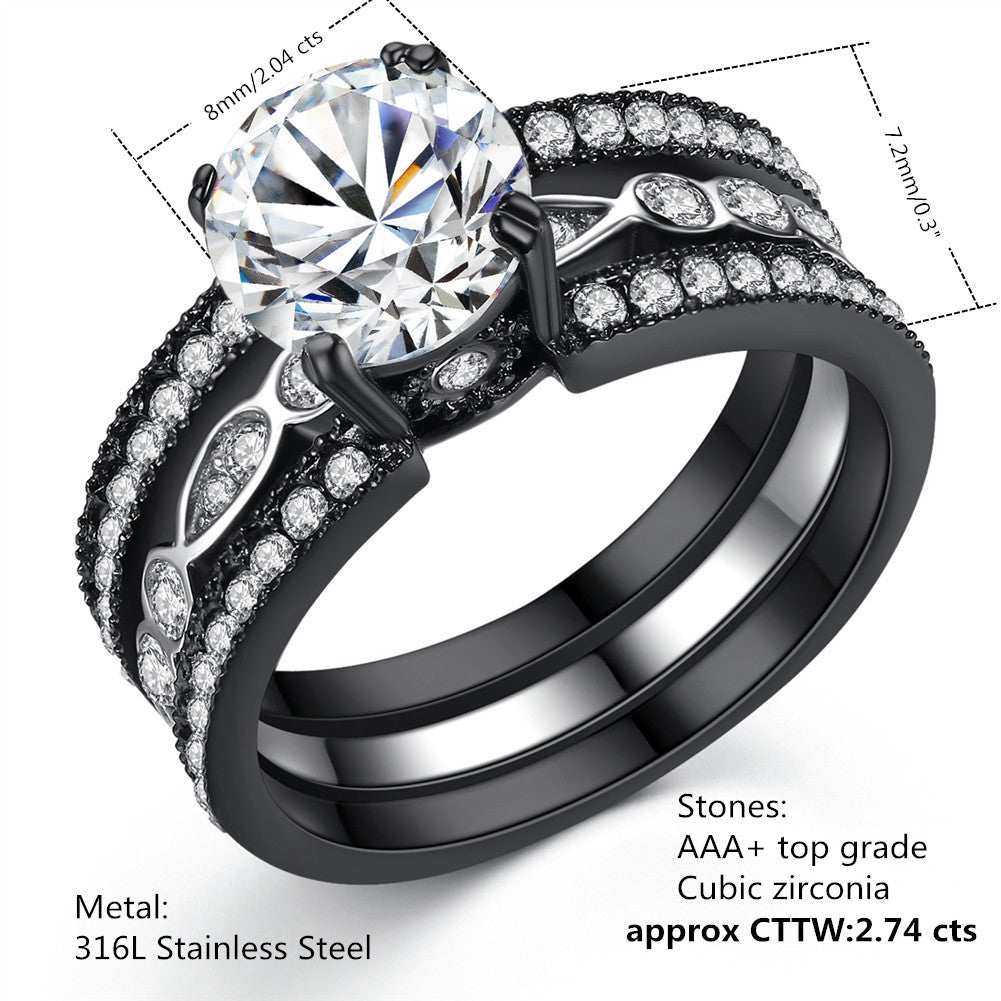 MABELLA Black Wedding Band Set for Women - Stainless Steel Engagement Ring with Round Cut Cubic Zirconia - Perfect for Bridal Jewelry, Anniversary Gifts & Romantic Proposals
