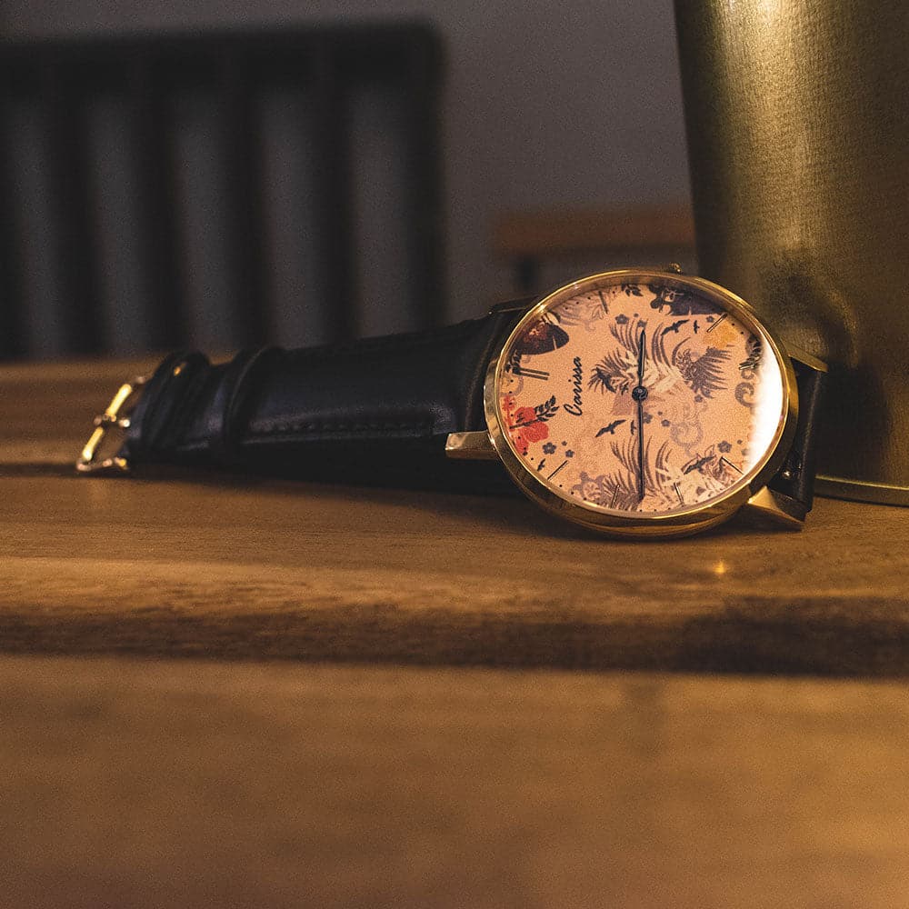 ARIES GOLD Custom Stainless Steel Watch with Nude Floral Leather Strap - Elegant Women's Wristwatch for Everyday Wear & Special Occasions