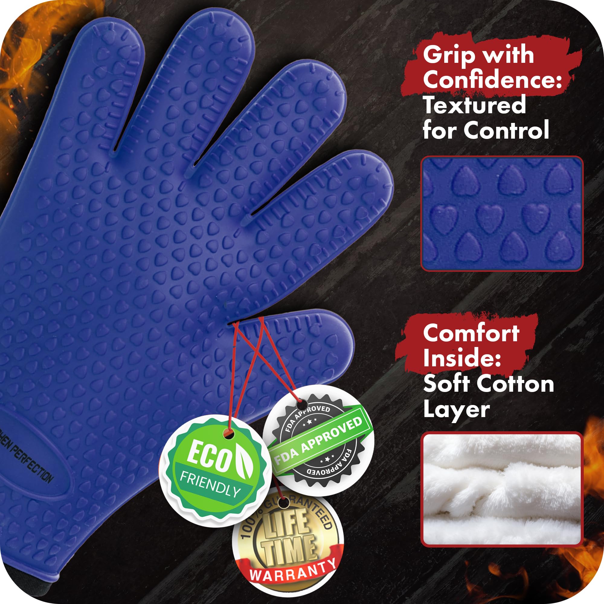 KITCHEN PERFECTION Heat Resistant Silicone BBQ Gloves for Smoker, Oven & Grill - Waterproof Oven Mitts for Handling Hot Food - Superior Value Set with 3 Bonus Accessories - Perfect for Grilling, Smoking, Frying & Outdoor Cooking