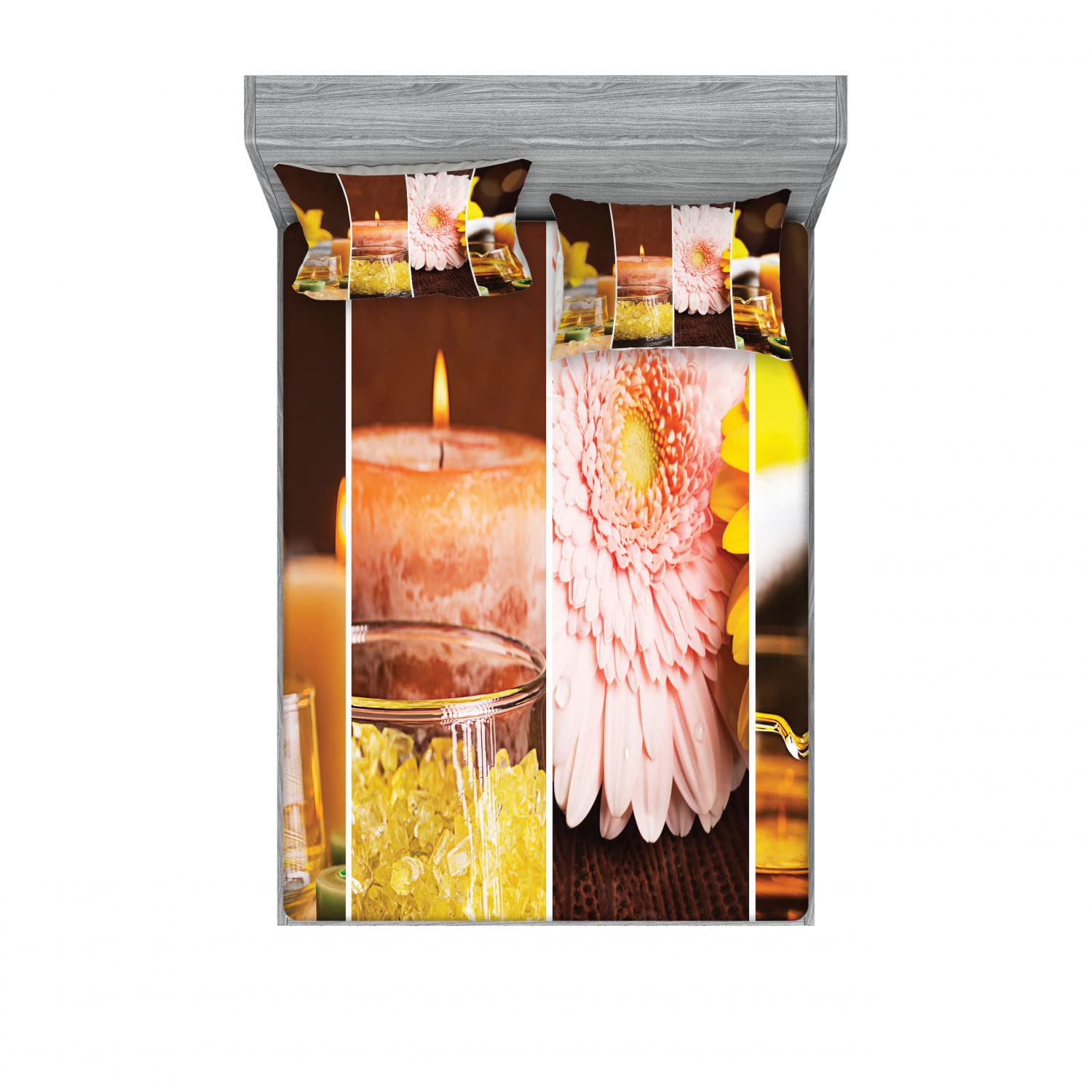 Ambesonne Exotic 2-Piece Queen Fitted Sheet Set with 4 Pillow Shams - Gerbera Candles Spa Design in Orange & Brown - Soft Bedding Decor for Master Bedroom, Guest Room or Vacation Home