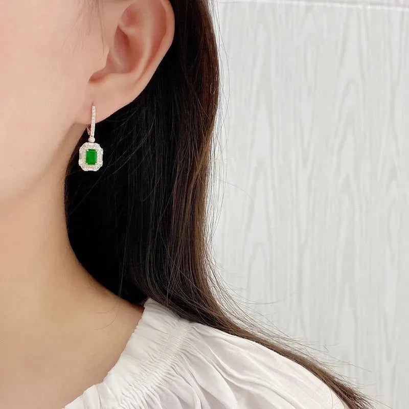 18K White Gold Emerald and Diamond Earrings for Women - Elegant Luxury Party Jewelry with Real Natural Gemstones - Perfect for Weddings, Galas, and Special Occasions