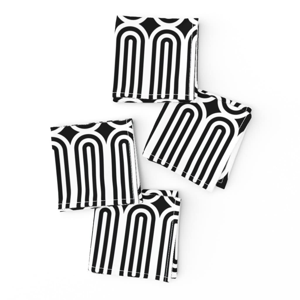 Spoonflower Linen Cotton Canvas Cocktail Napkins Set of 4 - Black & White Geometric Midcentury Modern Abstract Print Round Cloth Napkins for Cocktail Parties, Dinner Decor, and Vintage Home Styling