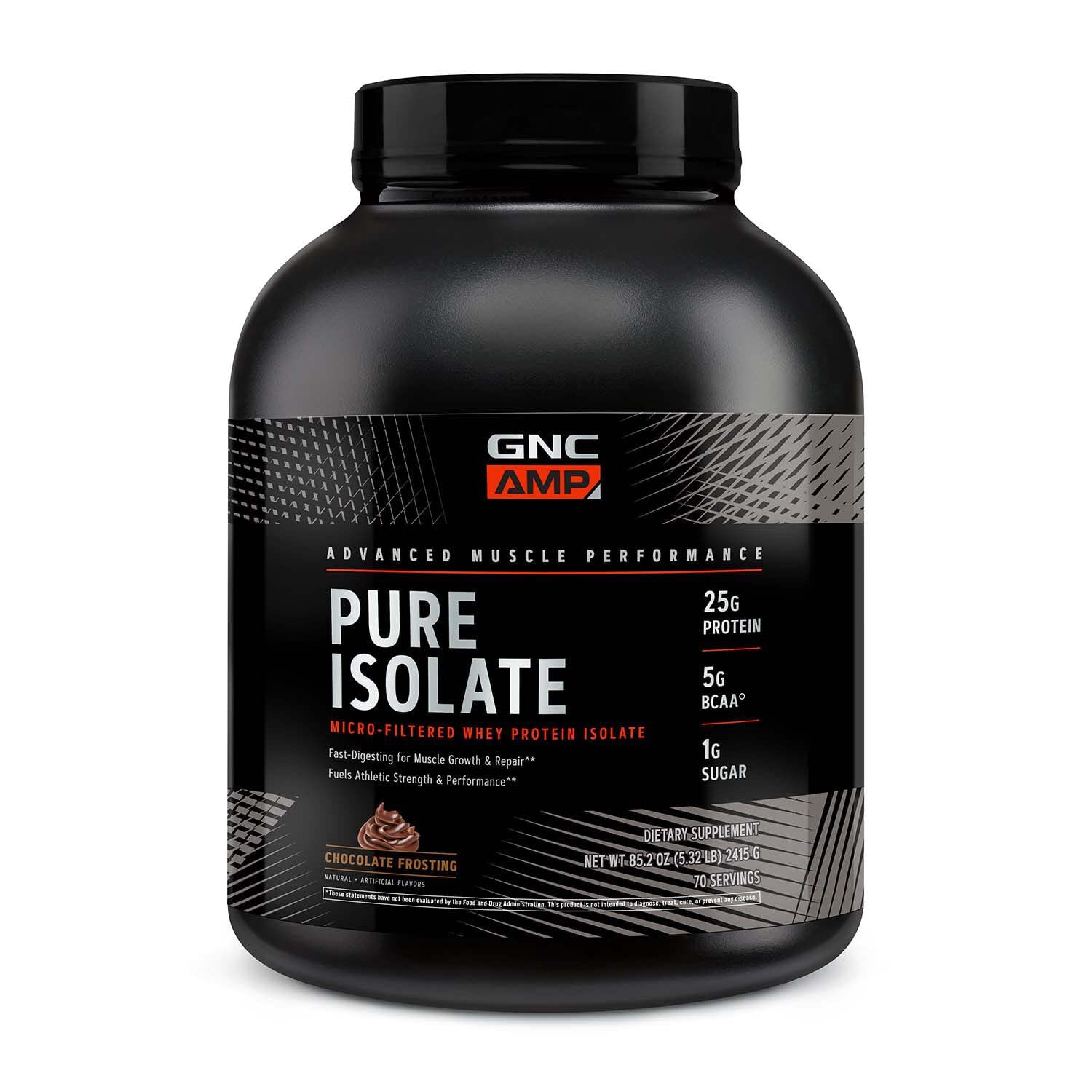 GNC AMP Pure Isolate Whey Protein Powder - 25g Protein, 5g BCAA, Low Sugar (1g), 130 Calories - Gluten Free, 3rd Party Tested for Muscle Growth & Recovery - Chocolate Frosting Flavor (70 Servings) | Post-Workout, Meal Replacement & Fitness Supplement
