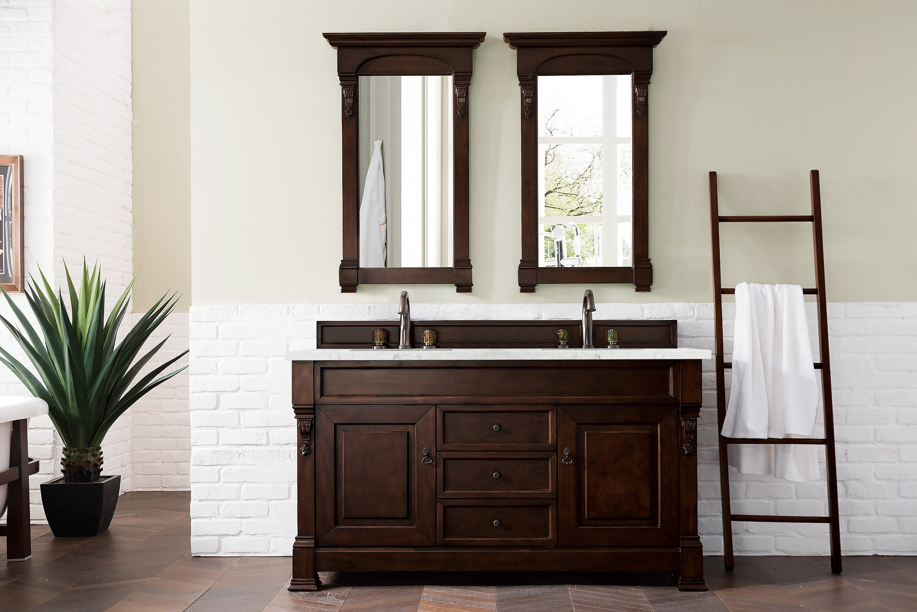 Brookfield 60-Inch Double Bathroom Vanity with Burnished Mahogany Base & 3CM Eternal Jasmine Pearl Quartz Countertop - Perfect for Master Bathrooms and Luxury Home Renovations