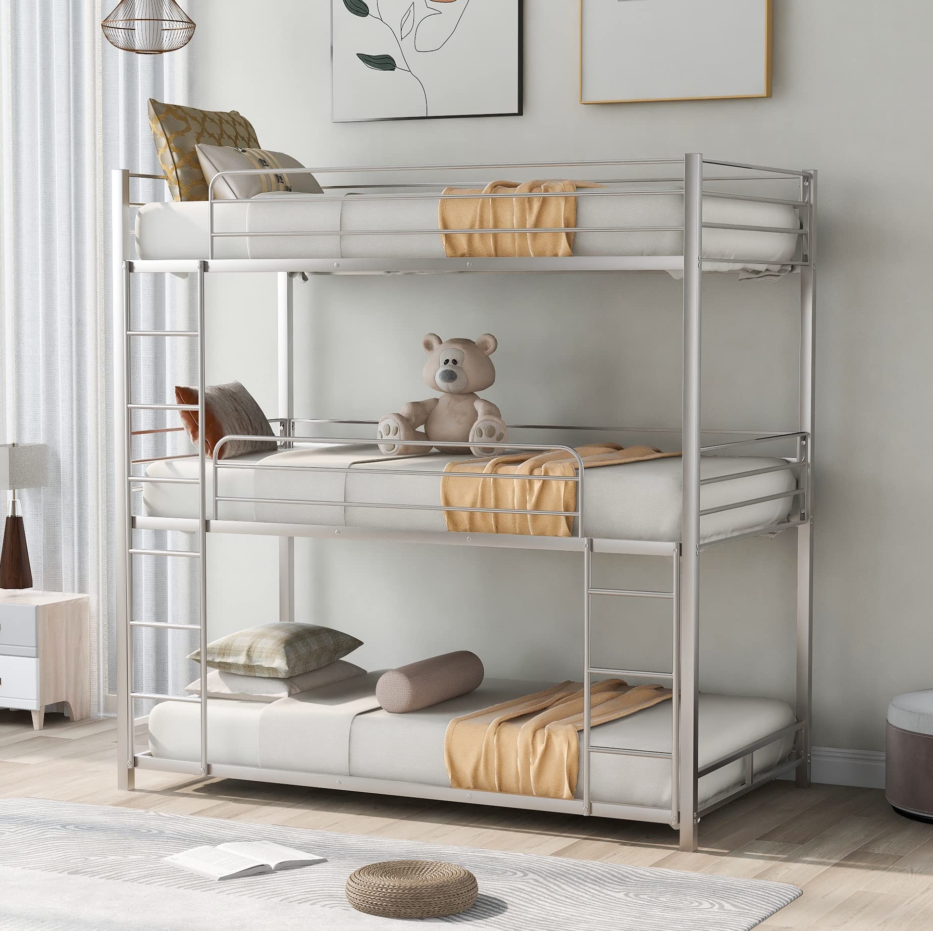 Sturdy Metal Triple Bunk Bed Frame - No Box Spring Needed with Safety Guardrails & Built-in Ladder for Kids, Teens, Boys or Girls - Perfect for Small Bedrooms, Dorms & Shared Kids' Rooms