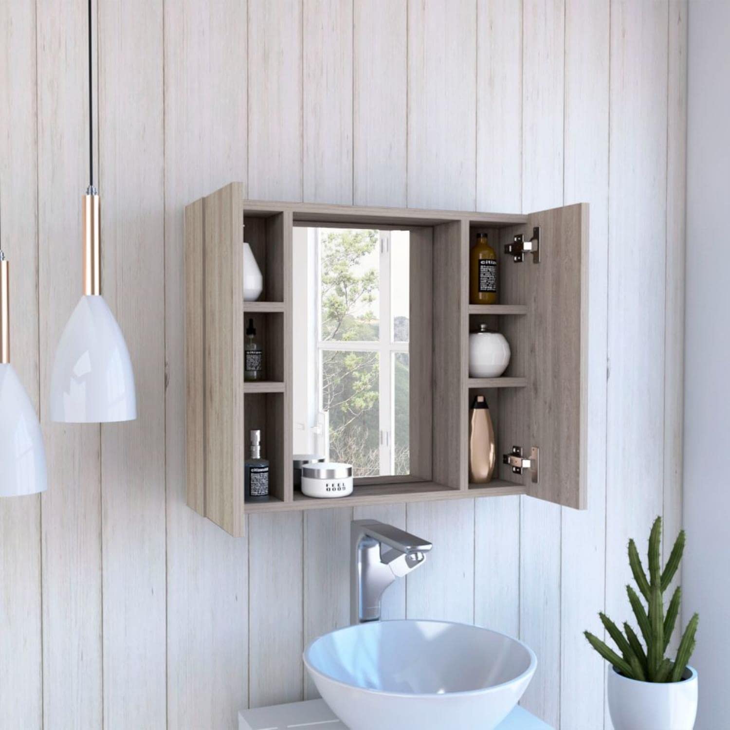 Garnet Medicine Cabinet with Mirror - 6 Adjustable Inner Shelves & External Shelf - Light Gray Bathroom Storage for Toiletries & Essentials - Perfect for Bathroom, Bedroom, or Vanity Organization