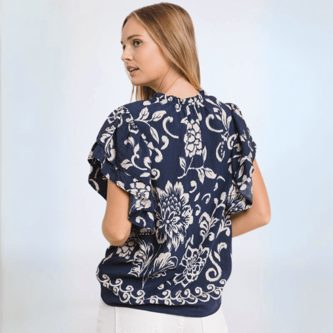 Navy Blue Flutter Sleeve Blouse for Women | Made in USA | Casual & Party Wear | Perfect for Office, Date Night & Summer Outfits