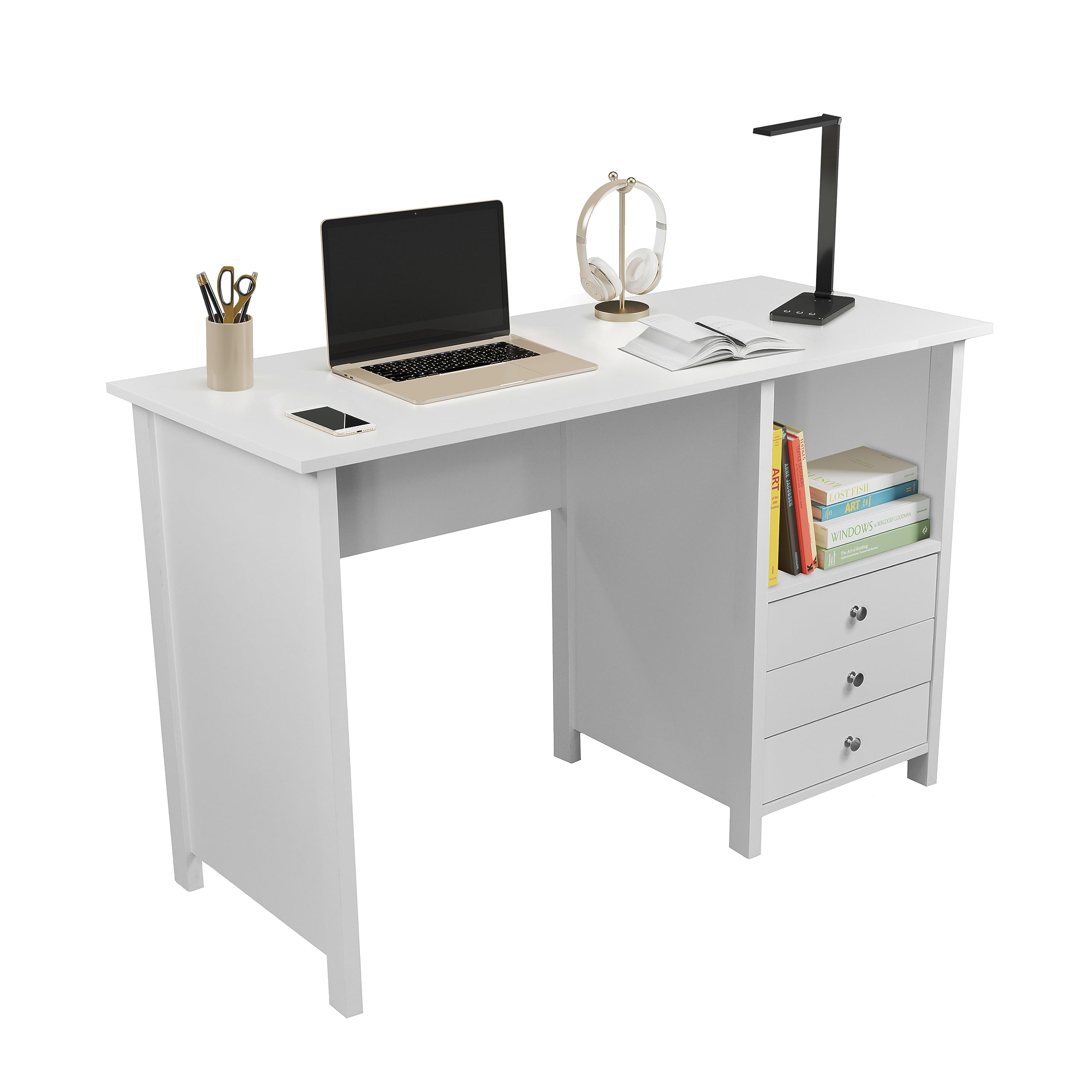 Techni Mobili White Office Desk with 3 Drawers & Open Shelf - Compact Laminated Wood Computer Desk for Small Spaces, Home Office, Bedroom & Study | Perfect for Remote Work, Online Classes & Crafting