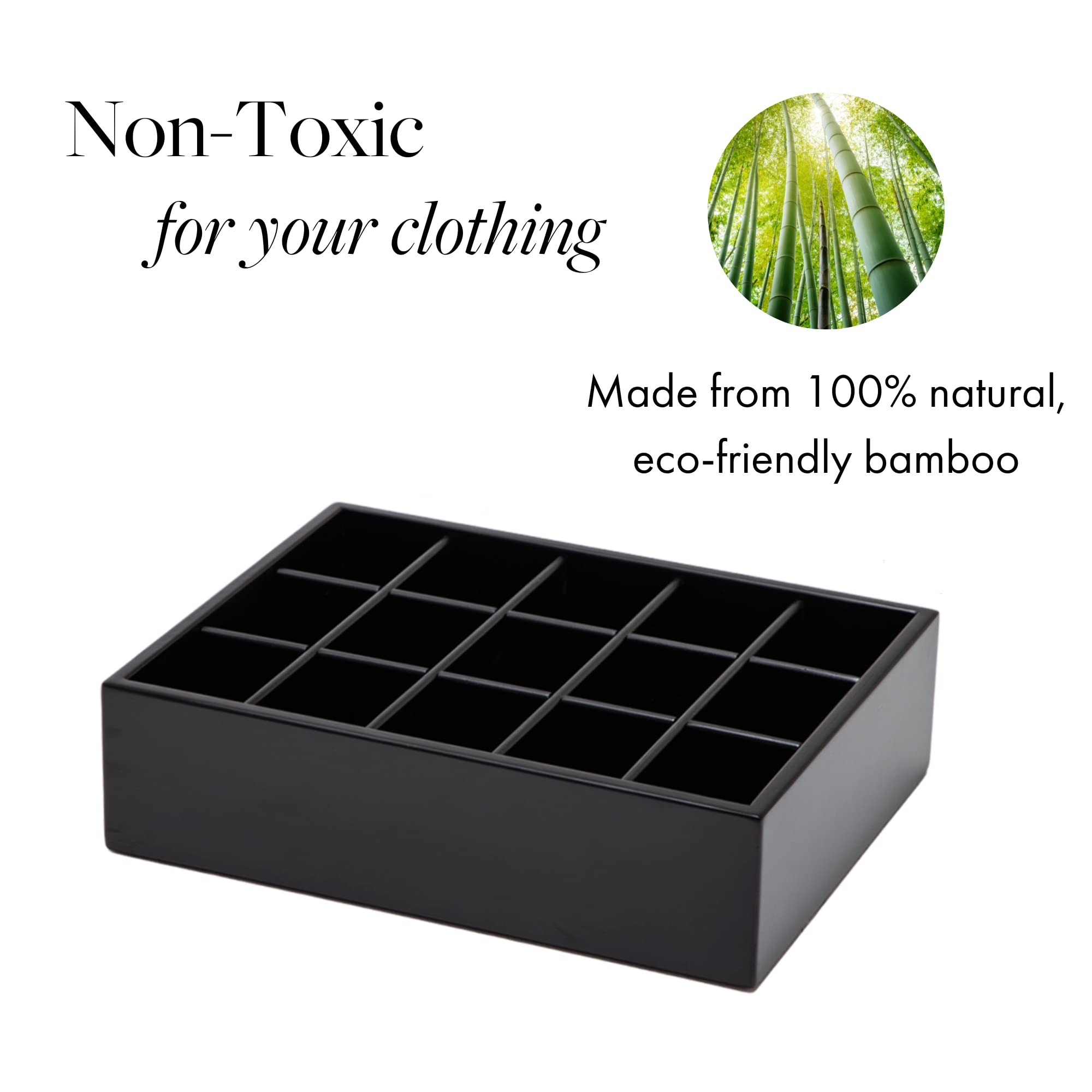 GOBAM Bamboo Drawer Organizer with 15 Compartments - Underwear, Socks & Jewelry Storage Box - Closet & Bedroom Organization for Ties, Bras, Briefs - Perfect for Dresser Drawers, Wardrobes & Vanity Tables - Black