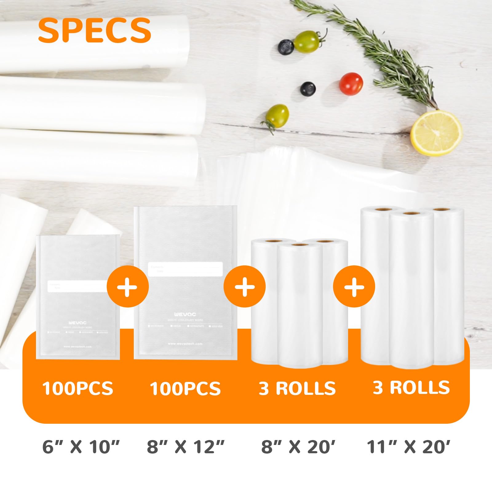 Premium Vacuum Sealer Bags & Rolls - 100pcs 6x10 inch, 100pcs 8x12 inch, 3 Rolls 11x20 ft, 3 Rolls 8x20 ft - Heavy Duty Commercial Grade Food Storage Bags for Sous Vide, Meal Prep, Freezer Storage & Long Term Food Preservation - Wevac Brand