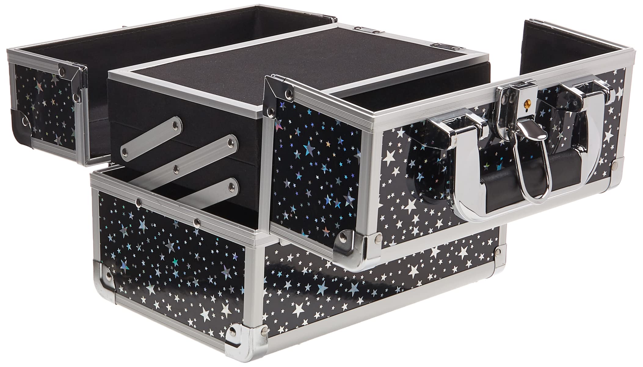 Joligrace Professional Makeup Train Case - Lockable Portable Cosmetic Organizer with 2 Trays & Mirror for Makeup Artists, Nail Technicians & Beauticians - Perfect for Travel & Salon Storage - Black Star Design