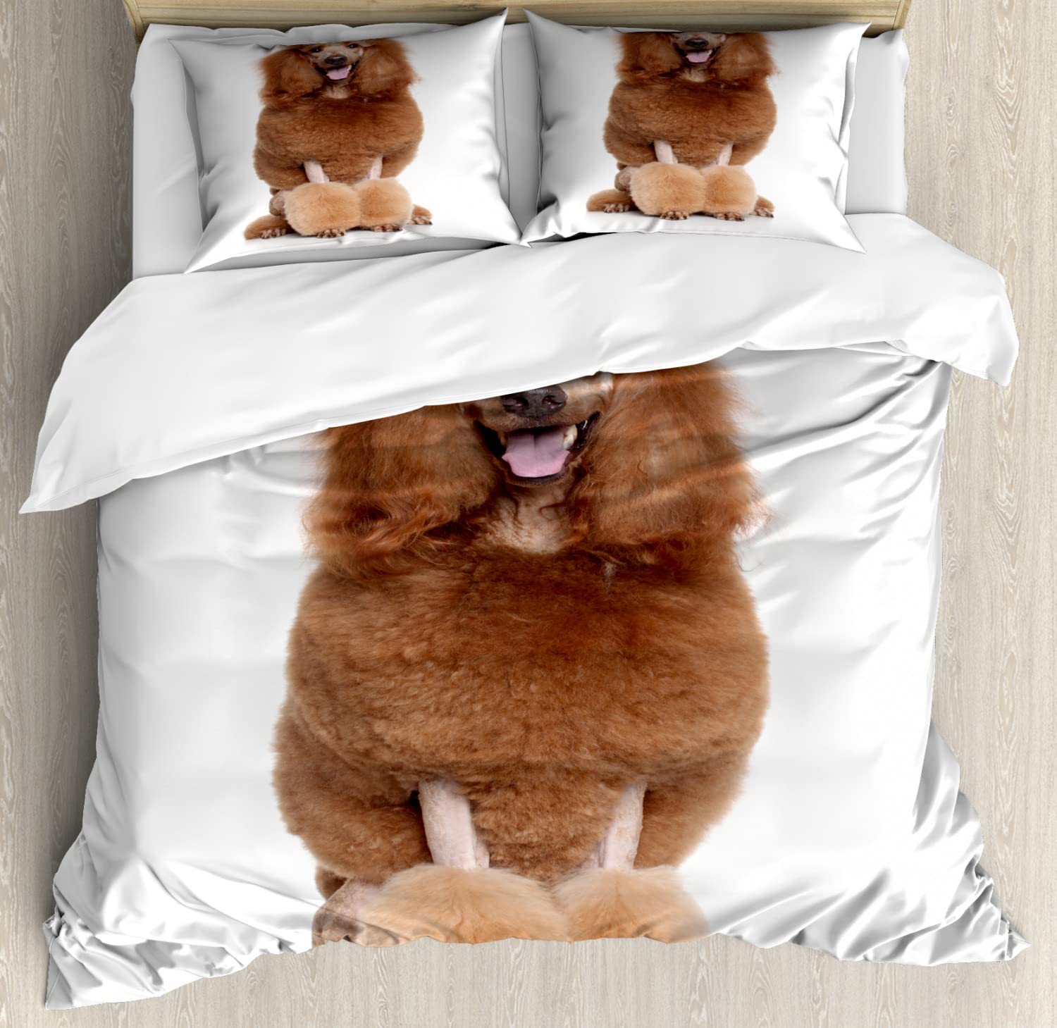 Ambesonne Poodle Dog Duvet Cover Set - Queen Size 2-Pack with 2 Duvet Covers & 4 Pillowcases, Dark Rosewood & Pale Brown - Cute Sitting Dog with Tongue on White Background | Perfect for Pet Lovers' Bedroom Decor, Dog Themed Home Accessories, Cozy Dog Owner Gift Idea