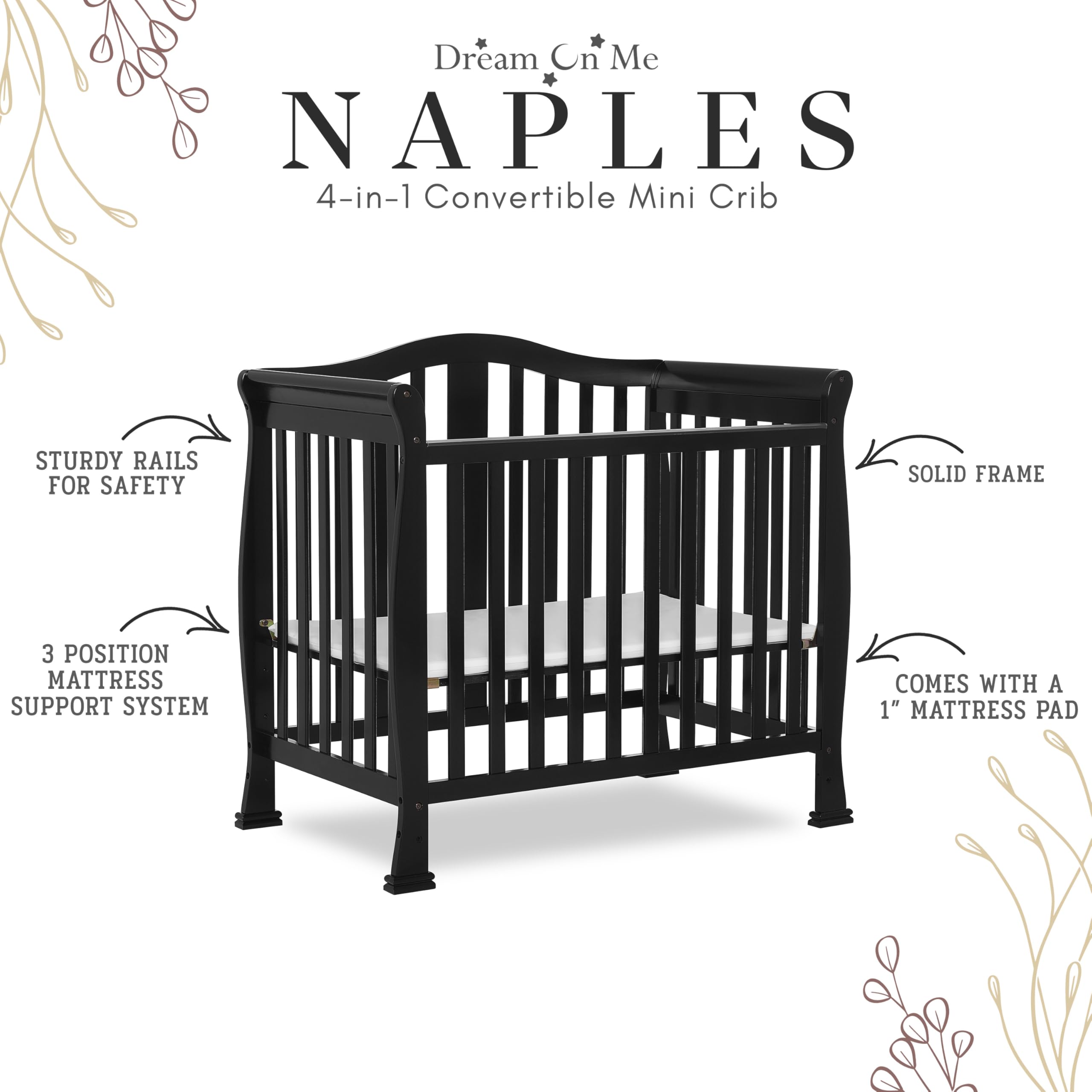 Dream On Me Addison 4-in-1 Convertible Mini Crib - Black | Greenguard Gold Certified | Non-Toxic New Zealand Pinewood | Includes 1