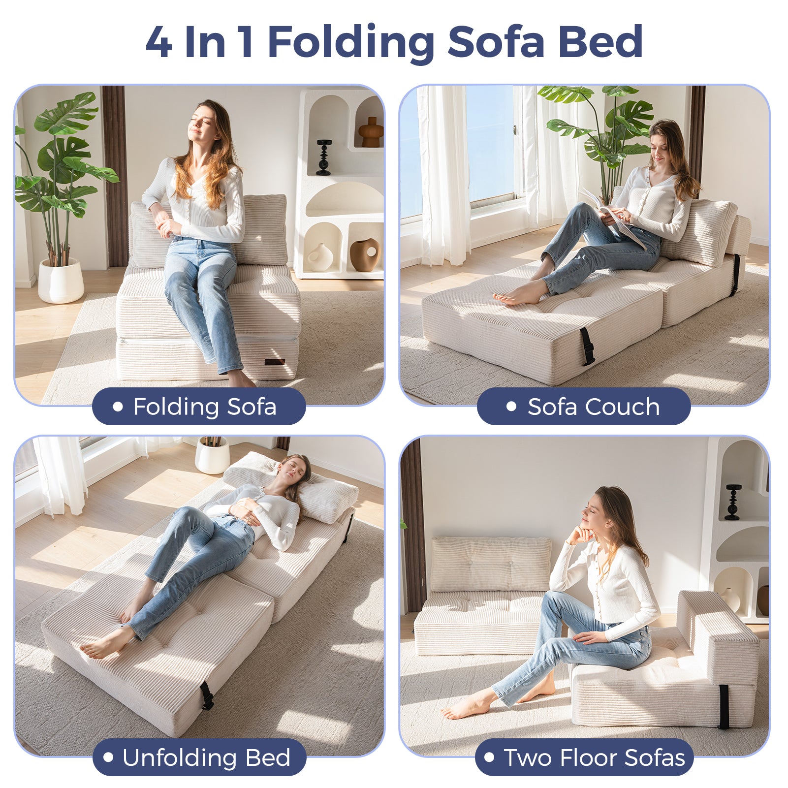 MAXYOYO Folding Sofa Bed - Convertible Sleeper Sofa with High Density Support Foam for Living Room & Bedroom (Beige) | Perfect for Small Spaces, Guest Rooms & Apartments