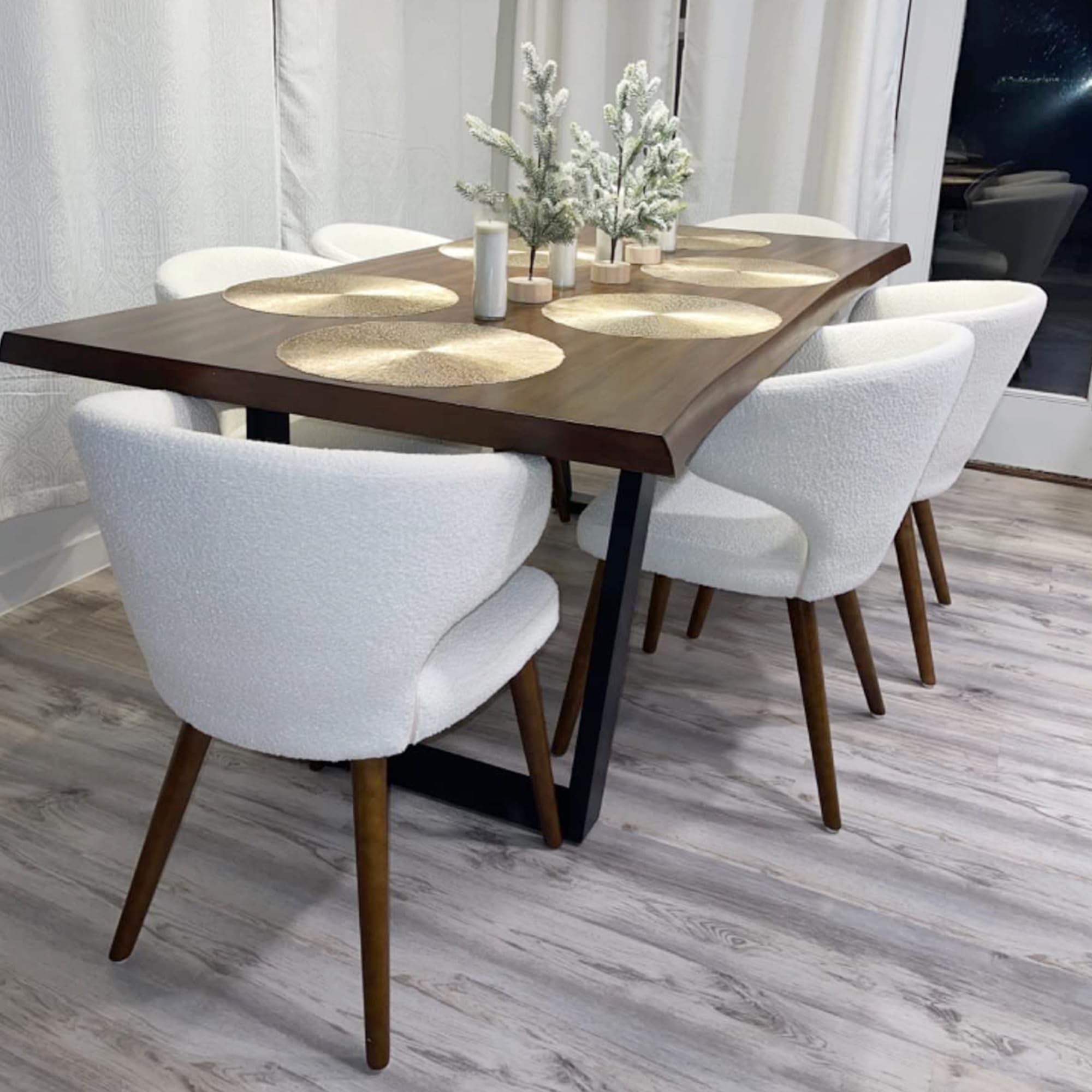 Mid Century Modern Sherpa Boucle Dining Chairs Set of 2 - Upholstered Curved Wingback Accent Arm Chairs with Solid Wood Legs in White | Perfect for Dining Room, Living Room & Home Office Decor