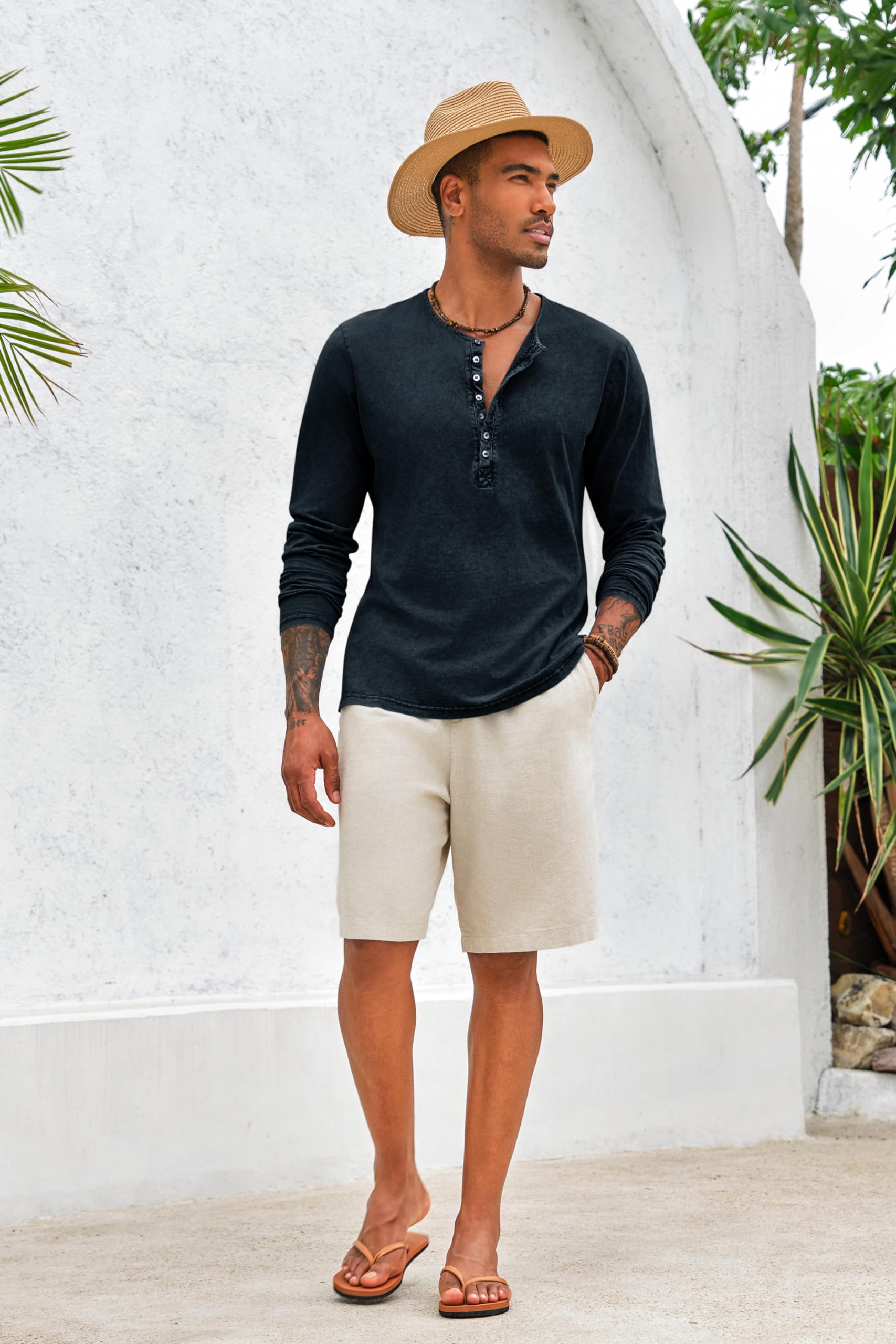Vintage Washed Distressed Henley Shirts for Men - Retro Long Sleeve Button Down Placket Tee | Casual Workwear & Weekend Outfit Essential