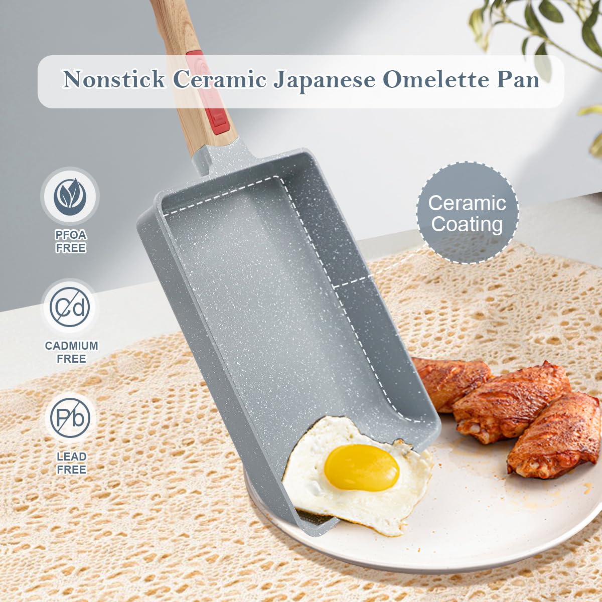 Nonstick Ceramic Tamagoyaki Pan - Large 9” x 8.2” Japanese Omelette Pan with Detachable Handle, Oven & Dishwasher Safe (Blue) - Perfect for Making Japanese Rolled Omelets, Breakfast Eggs, and Asian-Style Dishes