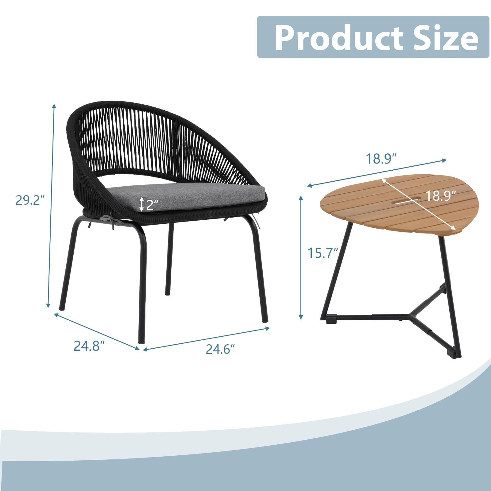 Yangming 3-Piece Outdoor Patio Furniture Set - Woven Rope Bistro Chairs with Wood Coffee Table for Garden, Backyard, Deck, Poolside & Balcony | Perfect for Relaxing, Entertaining & Outdoor Dining