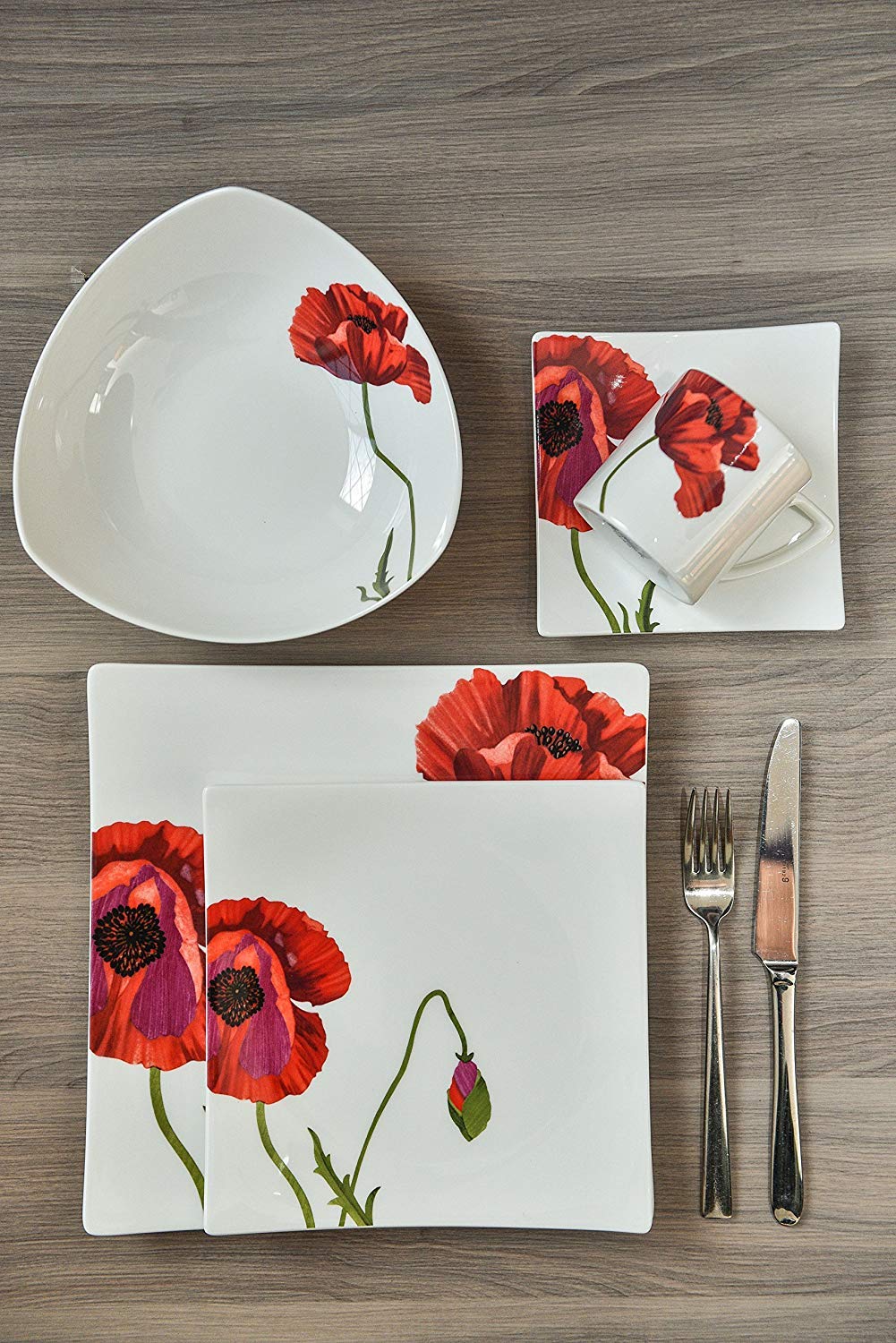 Red Vanilla Summer Sun 16-Piece Dinnerware Set - Porcelain Dinner Plates, Bowls & Cups - Elegant White Tableware for Casual Dining, Family Gatherings & Outdoor Picnics