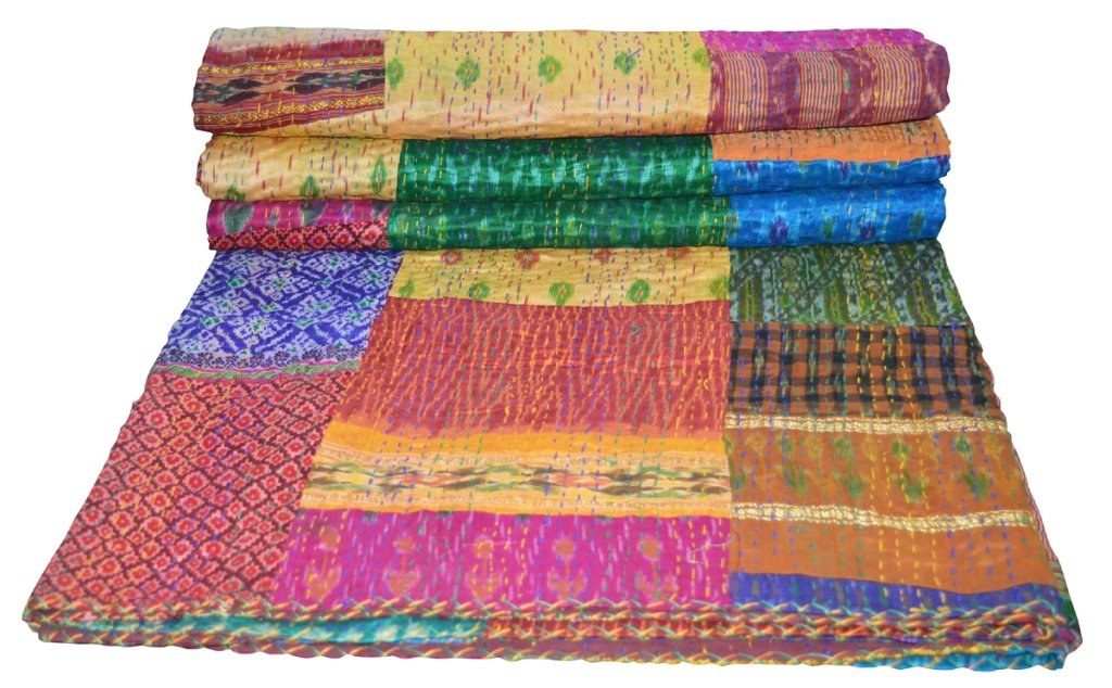 Vintage Patola Silk Sari Kantha Quilt Patchwork Indian Bedspread - Handmade Cotton Throw Blanket, Ralli Gudari Cover for Sofa, Bed & Home Decor