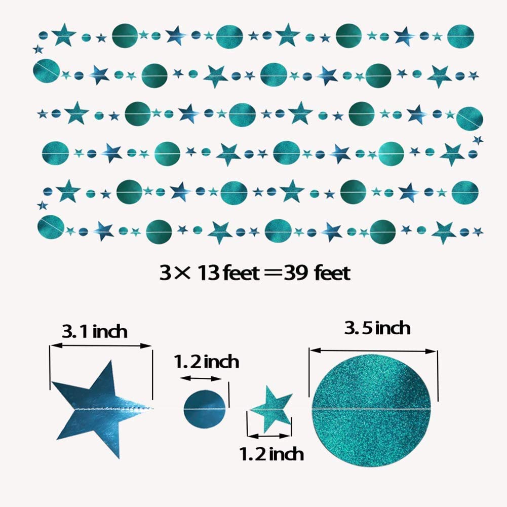 Cheerland Glitter Teal Blue Star Circle Garland - Hanging Dot Banner Streamer for Wedding, Birthday, Bridal Shower, Bachelorette & Graduation Party Decorations | Perfect for Backdrop, Photo Booth & Ceiling Decor