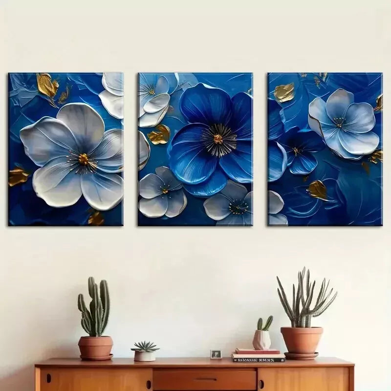 3-Piece Abstract Blue and White Floral Wall Art Set - Framed Canvas 50x70cm (20x28in) - High Quality Print - 100% Australian Made - Ready to Hang - Perfect for Living Room, Bedroom & Office Decor