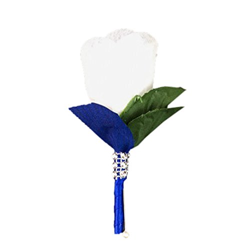 Angel Isabella White Rose Boutonniere with Royal Blue Ribbon - Elegant Wedding Corsage for Groomsmen, Bridesmaids & Prom - Perfect for Weddings, Proms & Formal Events