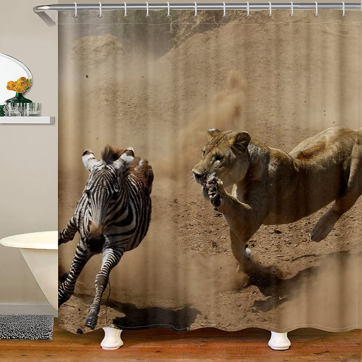 Zebra Lion Shower Curtain for Kids, Teens & Adults - Waterproof Wildlife Animal Bathroom Decor with 12 Hooks - Lioness Polyester Fabric Bath Curtain 72