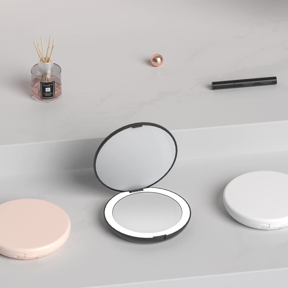 5 Inch Lighted Compact Mirror with 1X/5X Magnification - Dual-Sided LED Makeup Mirror for Travel & Home Use, Portable Folding Design, Daylight Simulation (Black) - Perfect for Makeup Application, Skincare Routine & Travel Essentials