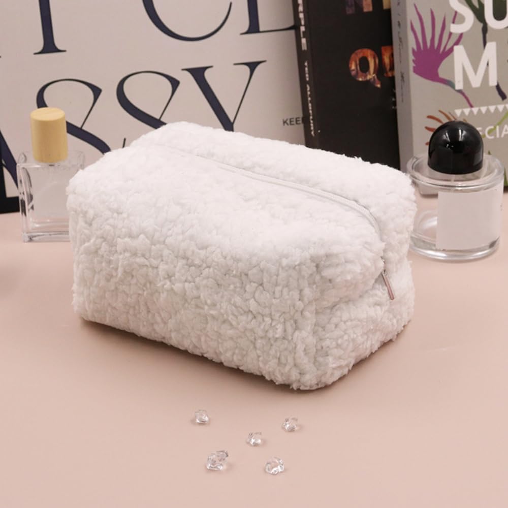 Soft Plush Makeup Bag for Women - Large Capacity Travel Cosmetic Organizer with Aesthetic Design, Preppy Style Cosmetic Pouch for Purse - Perfect for Makeup Storage, Travel Essentials & Daily Use (White)