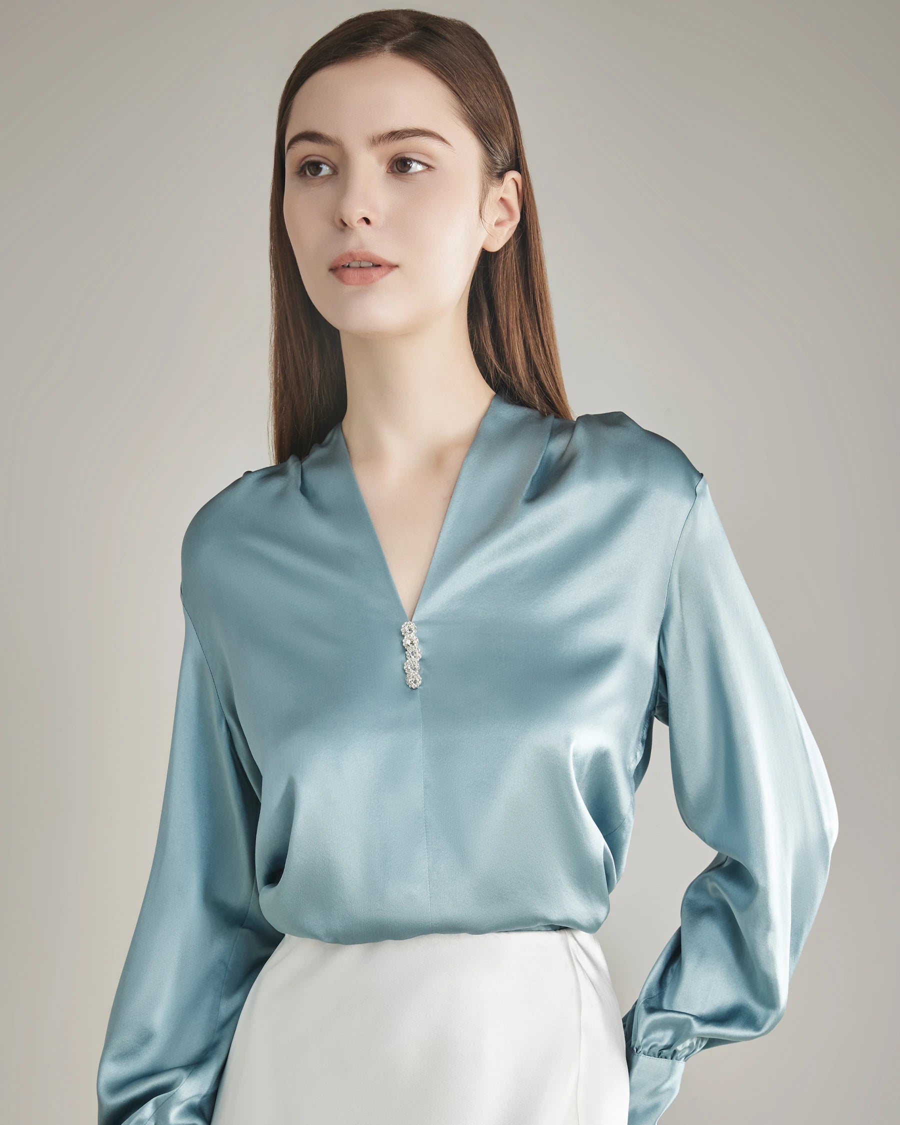 Elegant Women's Rhinestone Buttons Silk Blouse - Formal & Party Wear for Office, Dinner & Special Occasions