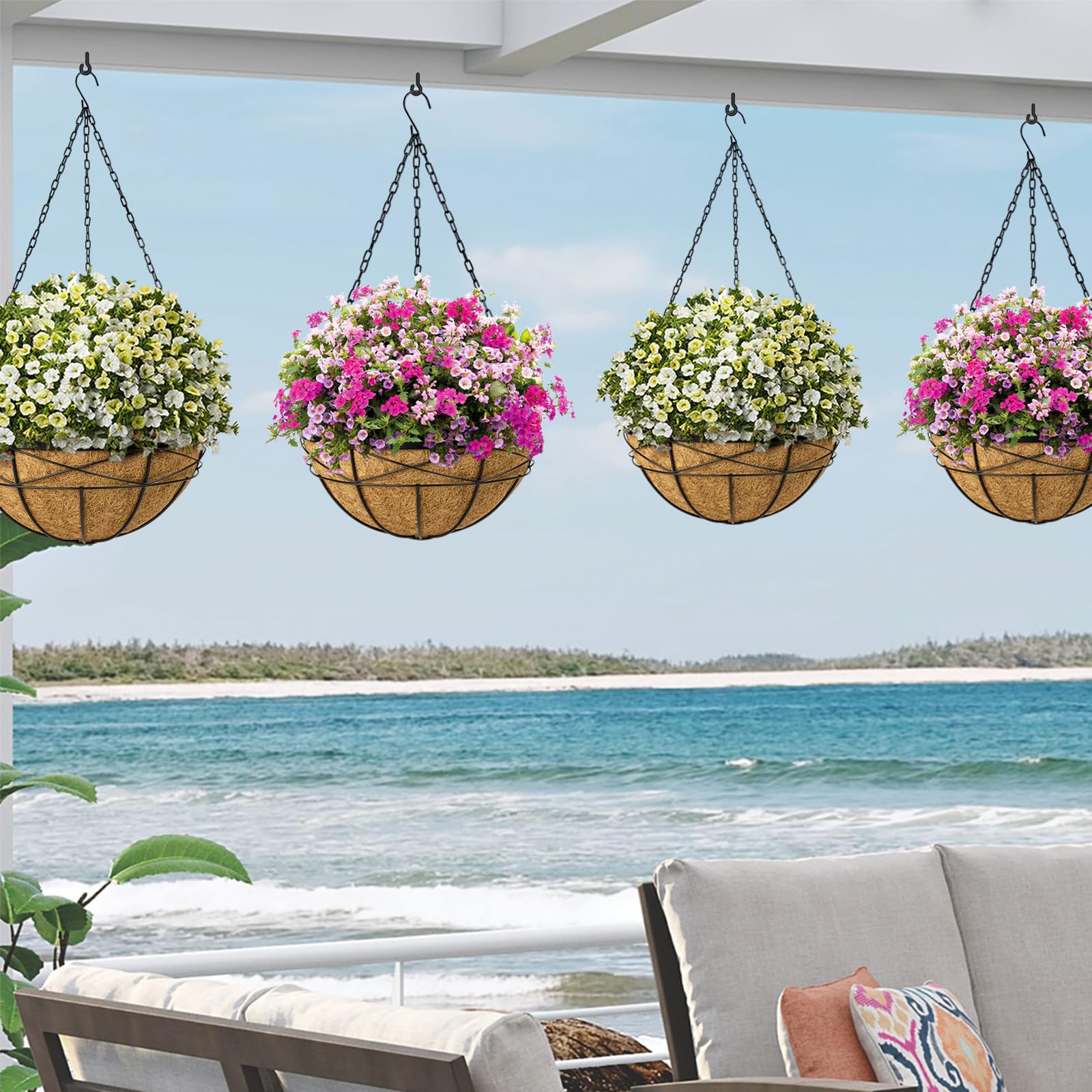 4 Pack 20 Inch Extra Large Deep Hanging Planters Baskets with Coconut Liner - Outdoor Flower Pots for Porch, Balcony & Garden Decor - Perfect for Ferns, Petunias & Vine Plants