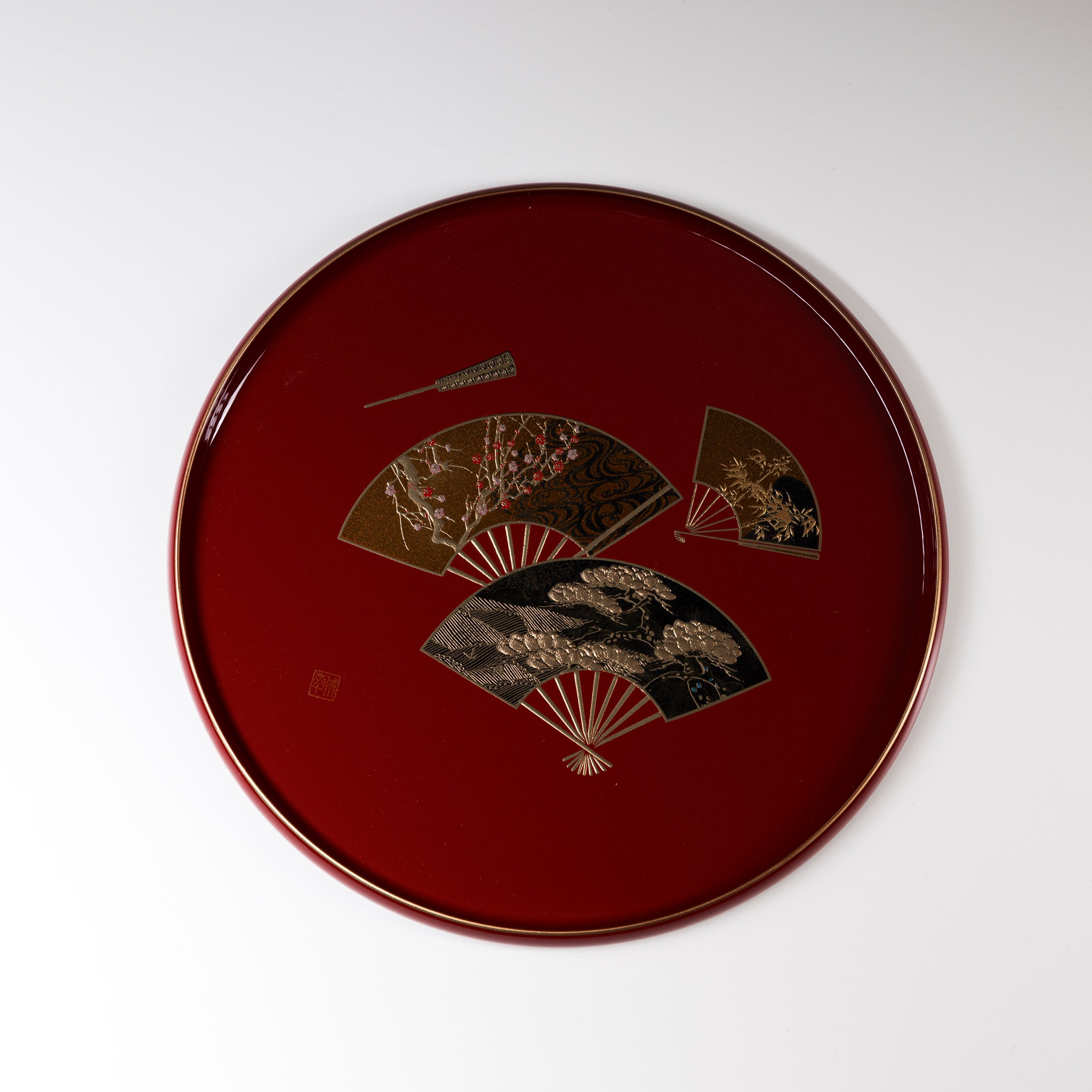 Modern Yamanaka Lacquerware Tray - Handcrafted Gold Fan Design - 30cm Round Serving Tray - Perfect for Tea Ceremony, Sushi Presentation & Home Decor
