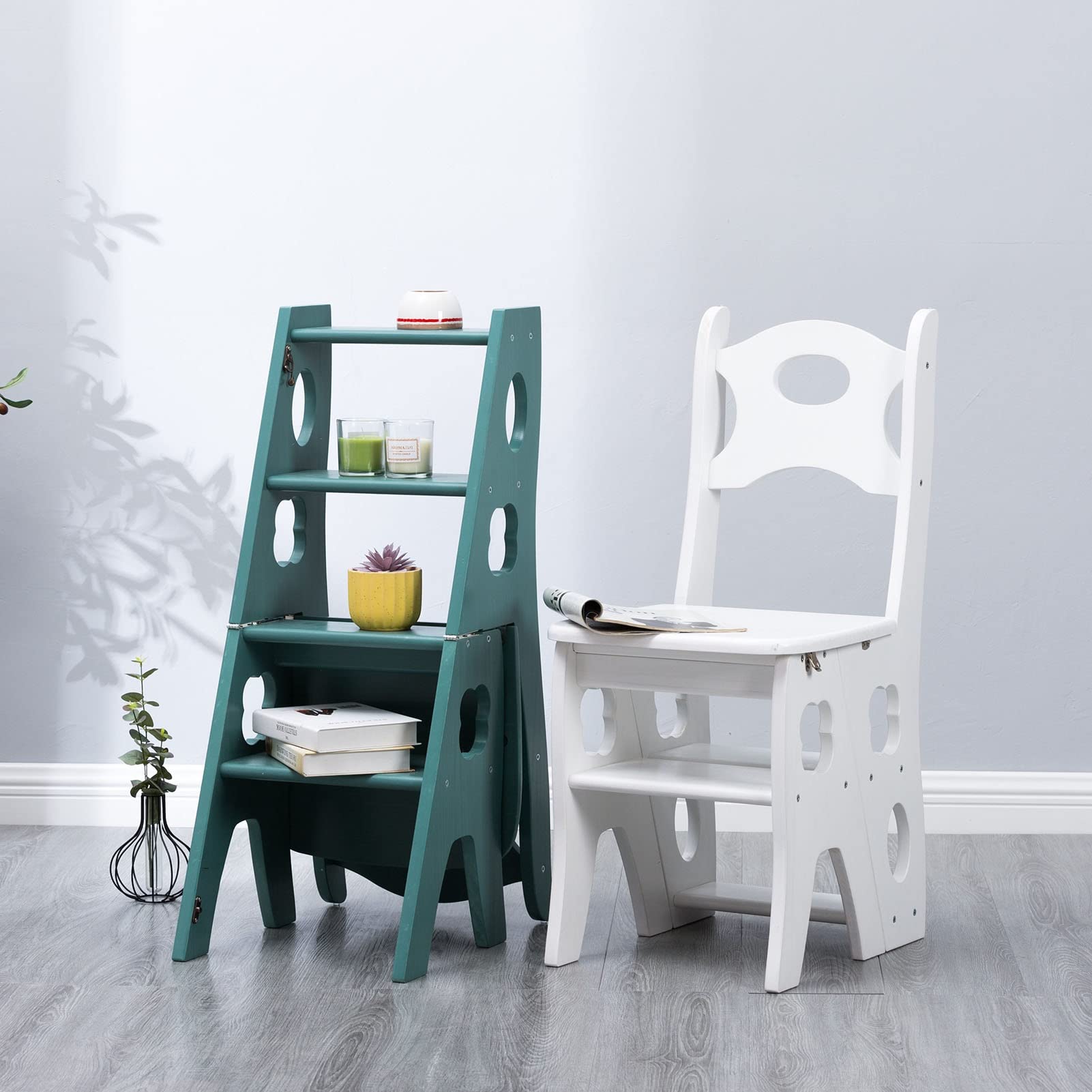 4-Step Wooden Folding Step Stool - Foldable Foot Stool, Shoe Bench & Flower Stand - Safe Home Ladder for Kids & Adults - Perfect for Bathroom, Kitchen, Closet & Garden Use