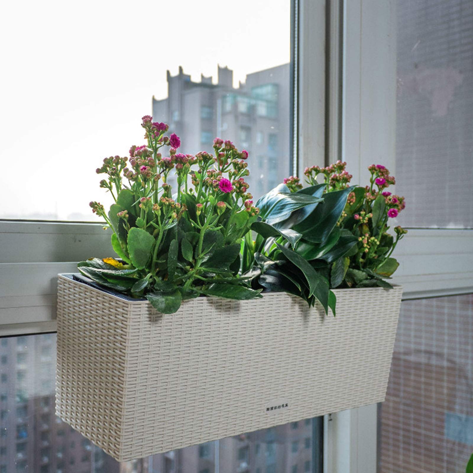 White 50cm Balcony Hanging Rattan Planters - Wicker Railing Planter with Zinc Pots, Hanging Window Box for Outdoor Flowers & Plants | Perfect for Deck, Patio & Garden Decor
