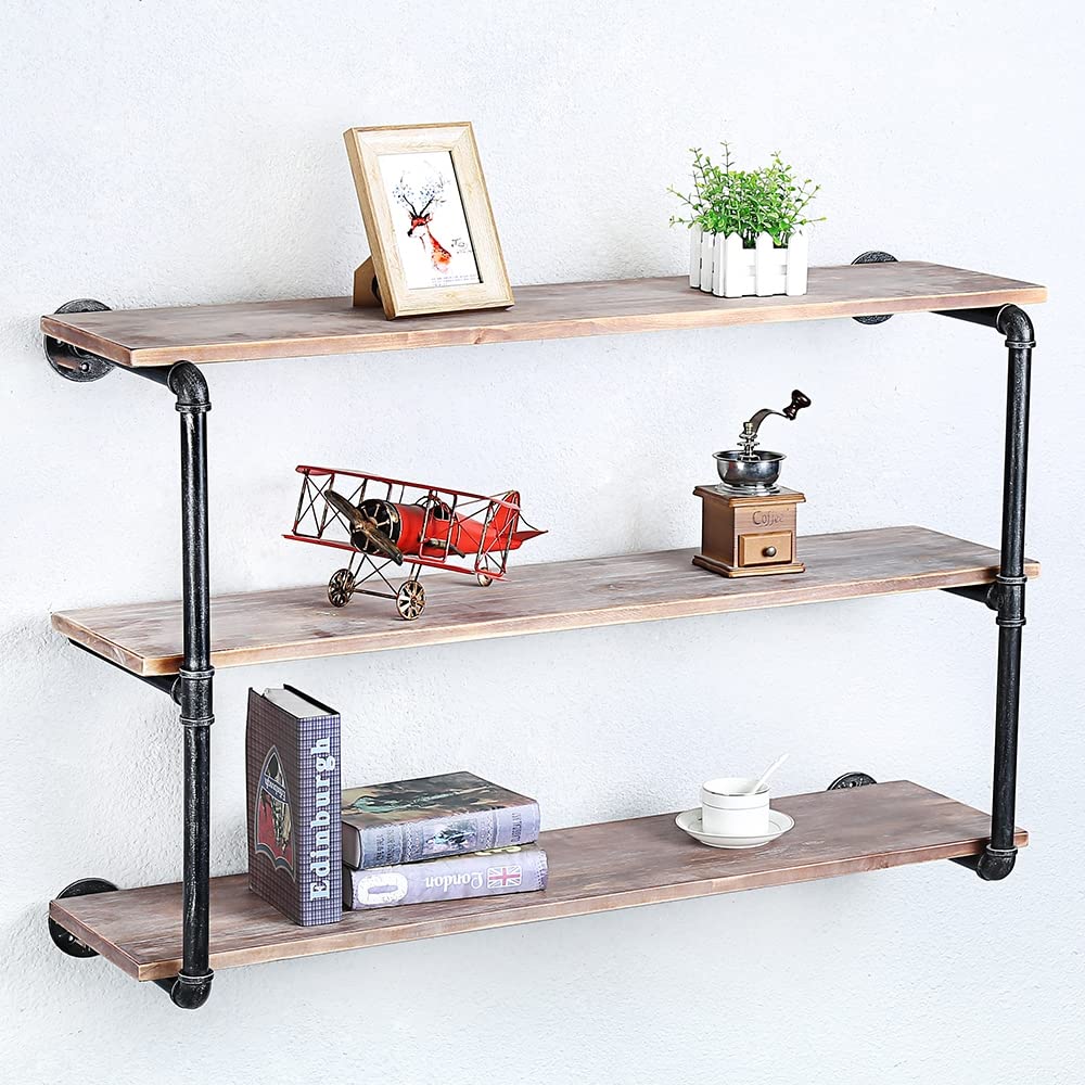 Industrial Pipe Floating Shelves - 3 Tier 42 Inch Wall Mounted Wood & Metal Shelf for Books, Decor & Storage | Rustic Home Office, Living Room & Bedroom Organization