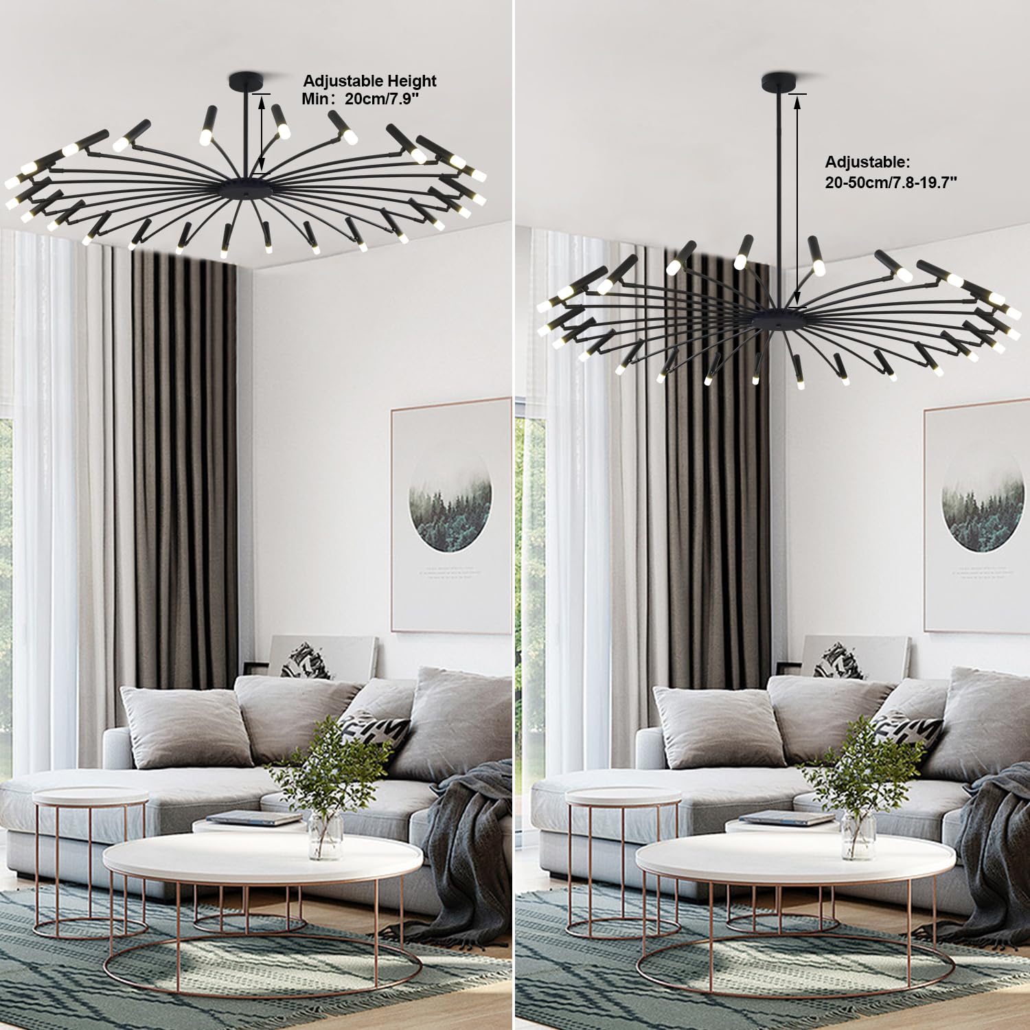 Extra Large Modern Chandelier for High Ceiling - Mid Century Sputnik Style Black Flush Mount Ceiling Light - Contemporary Lighting for Living Room, Dining Room, Foyer & Bedroom - Perfect for Modern Home Decor & Luxury Interior Design