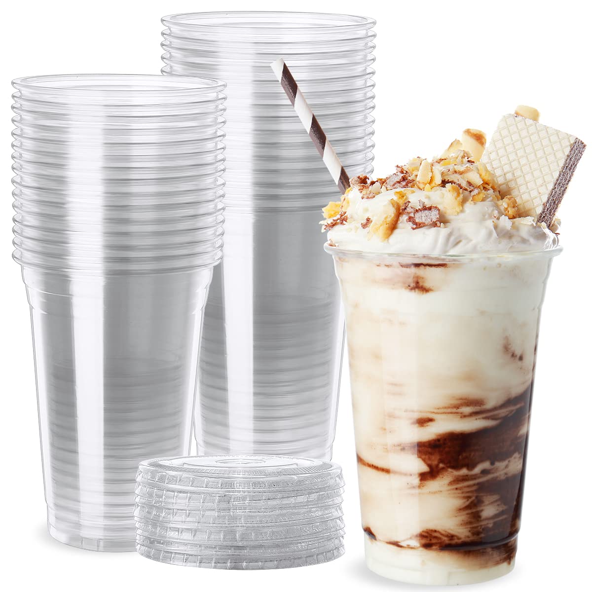 20oz Clear Plastic Cups with Lids 50 Pack - Disposable Drinking Cups with Straw Slot Lids for Lemonade, Coffee, Smoothies - Perfect for Parties, Picnics, Restaurants and Takeout Beverages