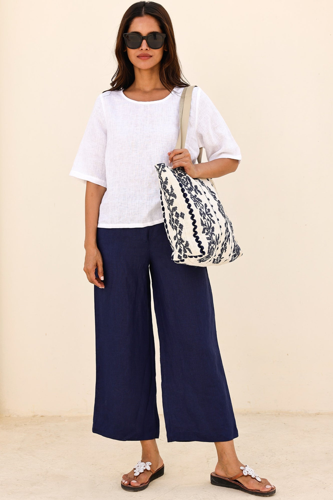 Wide Leg Linen Cropped Pants for Women - Navy Blue High Waist Summer Casual Trousers | Perfect for Beach, Vacation & Boho Style Outfits