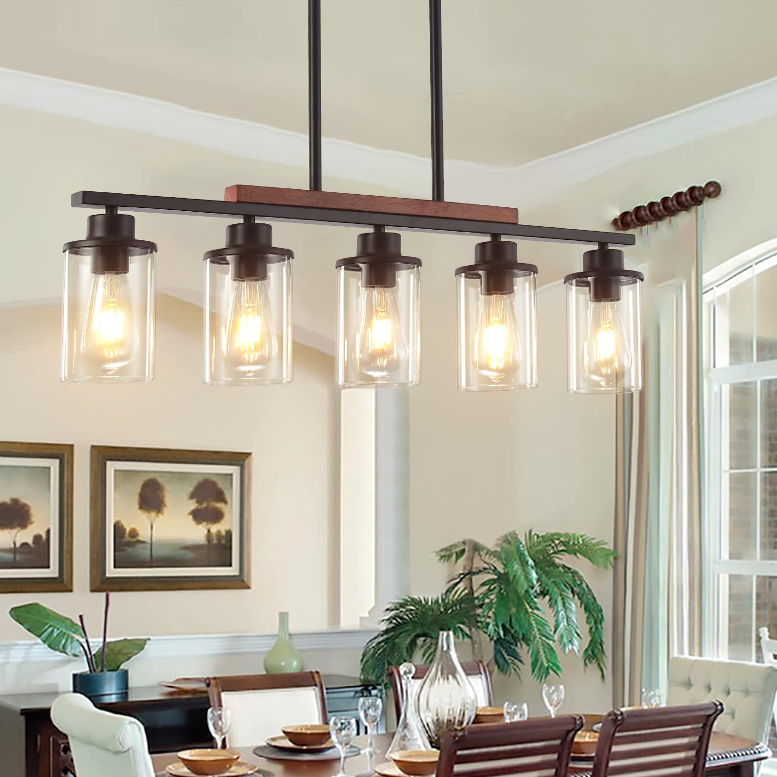 5-Light Black Farmhouse Chandelier for Dining Room - Linear Kitchen Island Pendant Light with Clear Glass Shade & Wood Accent | Perfect for Farmhouse, Rustic & Modern Dining Spaces