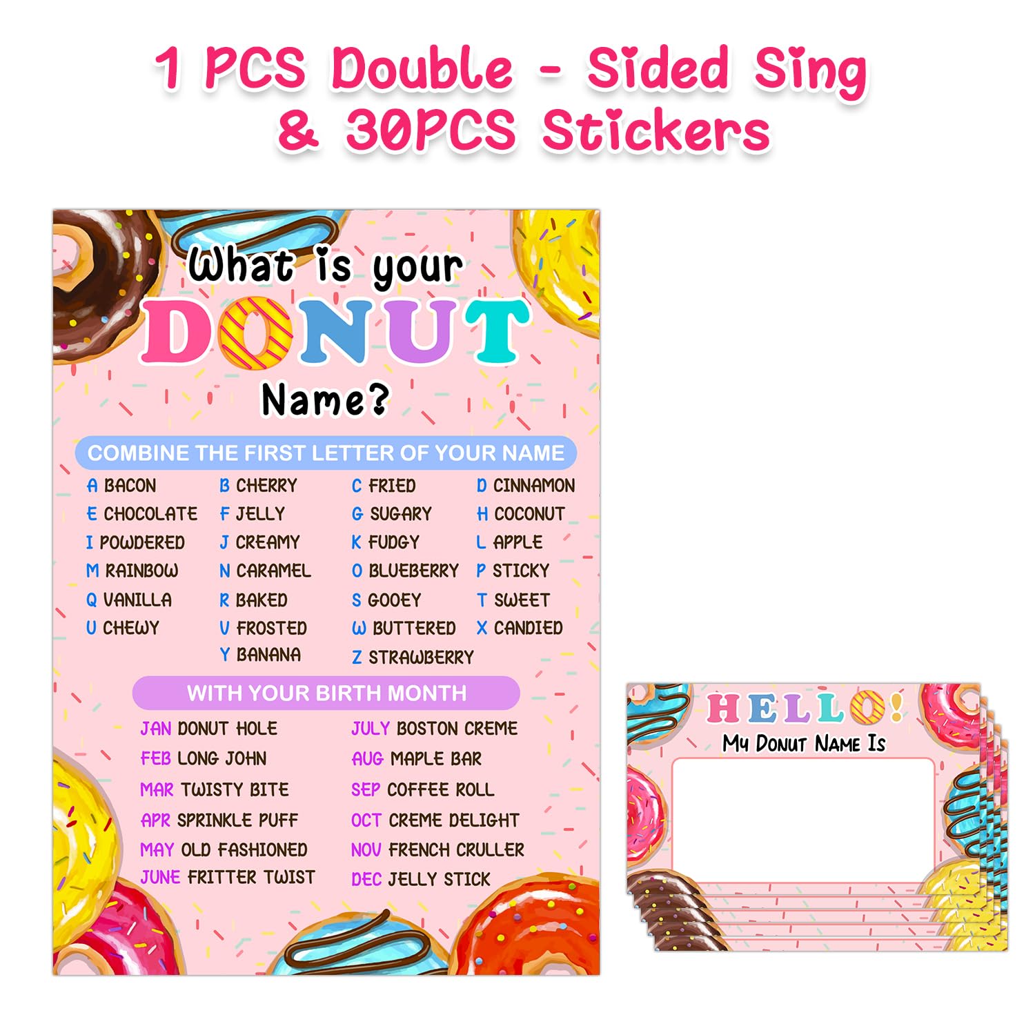 Donut Name Game Set - 30 Fun Activity Cards & Party Sign for Girls Birthday, Wedding, Anniversary | Perfect for Holiday Celebrations & Kids' Party Games
