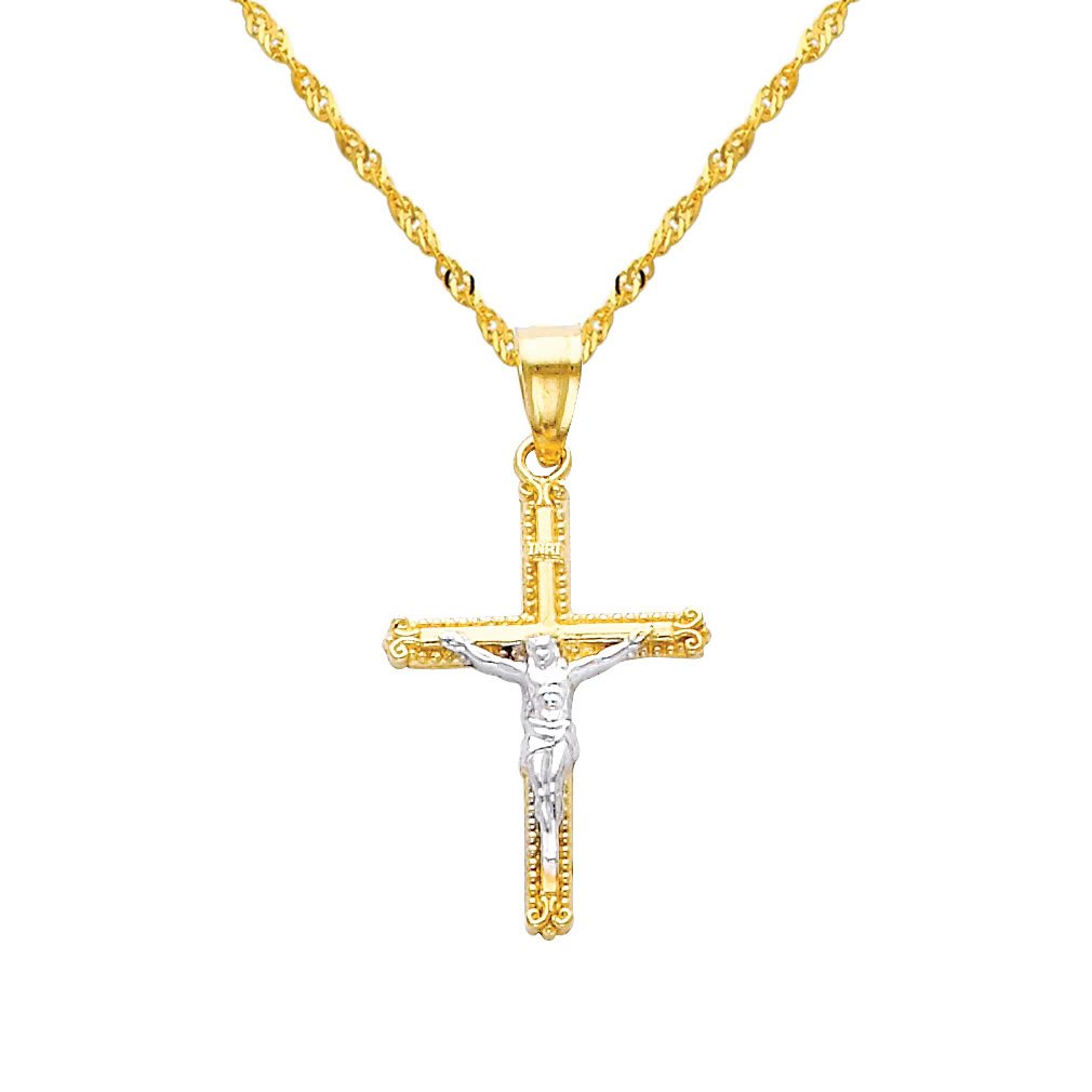 14K Two-Tone Gold Jesus Cross Religious Pendant with 1.2mm Singapore Chain Necklace - Elegant Christian Jewelry for Women & Men - Perfect for Baptism, Confirmation, Church & Daily Wear