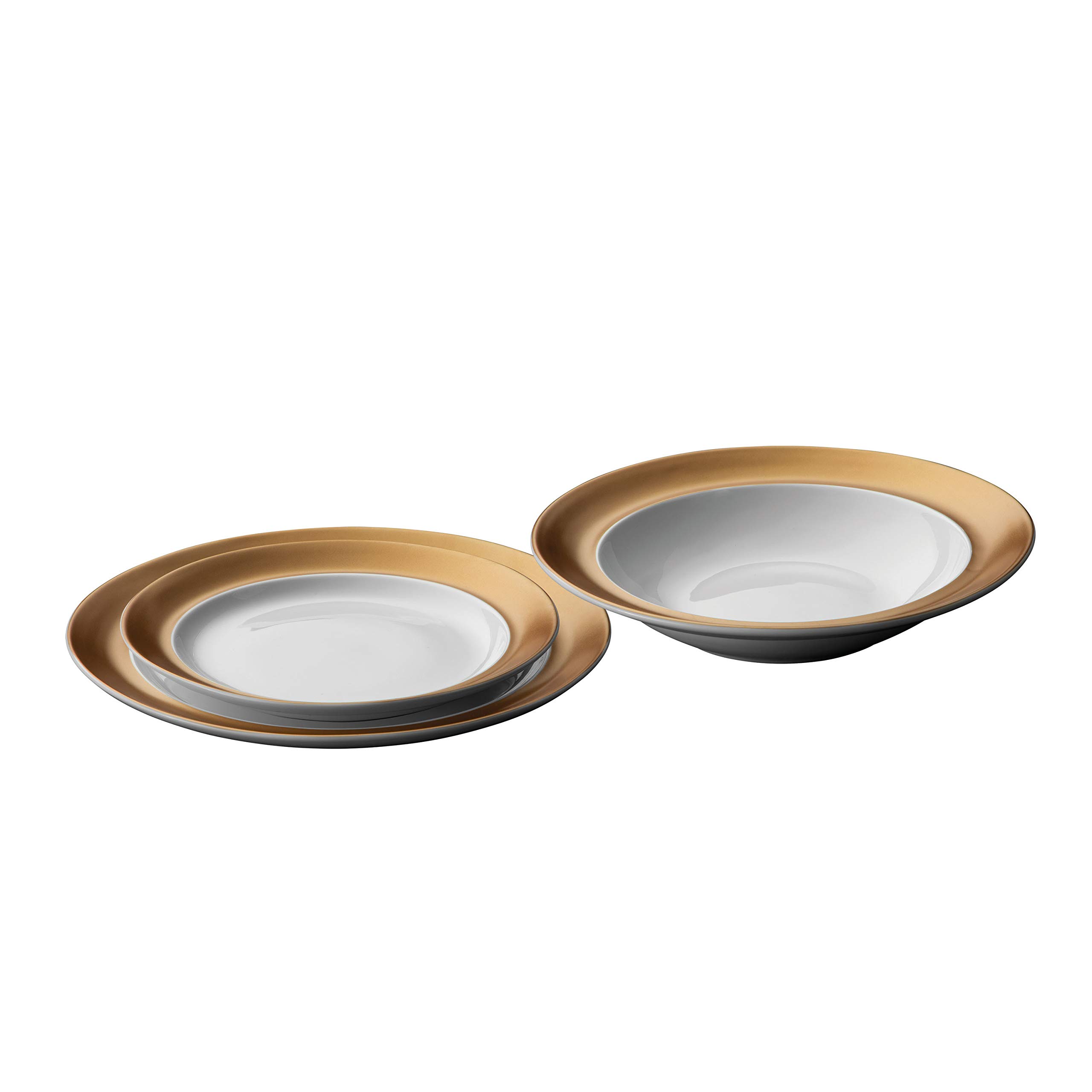 BergHOFF GEM 6-Piece Porcelain Dinnerware Set - Deep Plate, Small Plate, Coffee Mug & Saucer - Elegant White & Gold Glossy Finish - Dishwasher Safe - Perfect for Daily Use, Dinner Parties & Tea Time