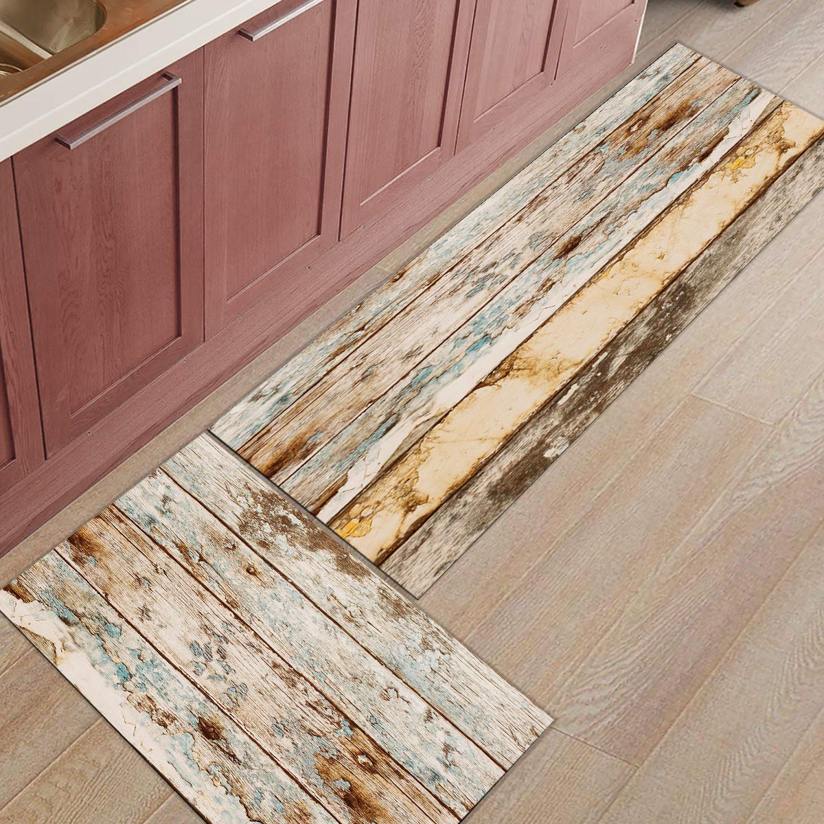 Anti-Fatigue Kitchen Floor Mats Set - 2 Pack Non-Slip Waterproof Standing Mats with Cushion, Rustic Wood Design Runner Rug for Comfortable Cooking & Dishwashing - Perfect for Home Kitchen, Restaurant & Food Prep Areas