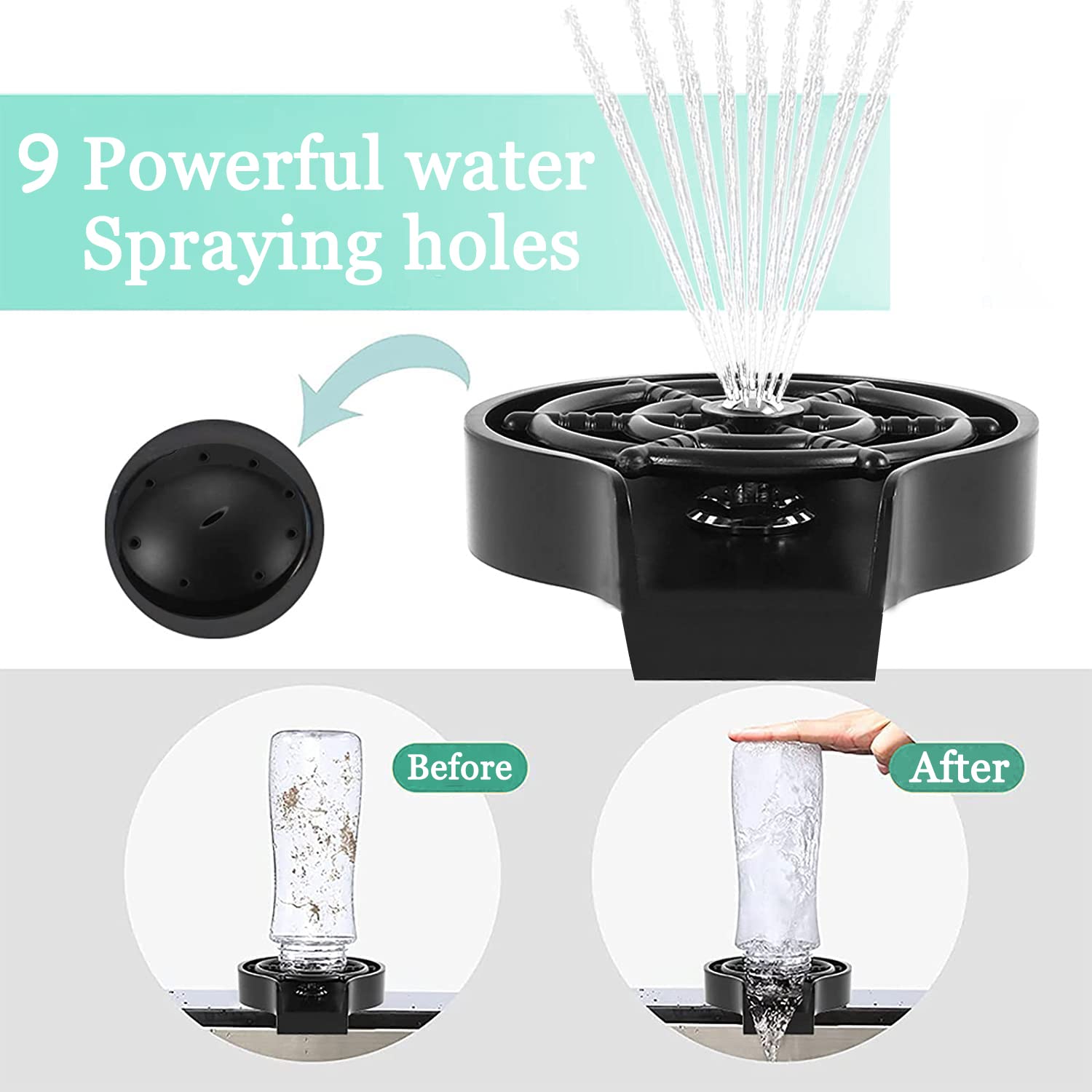 Stainless Steel Glass Rinser for Kitchen Sink - 9 Powerful Jet Bottle & Cup Washer Cleaner - Bar Sink Accessory for Home, Restaurant (Black) | Perfect for Wine Glasses, Beer Mugs & Barware Cleaning